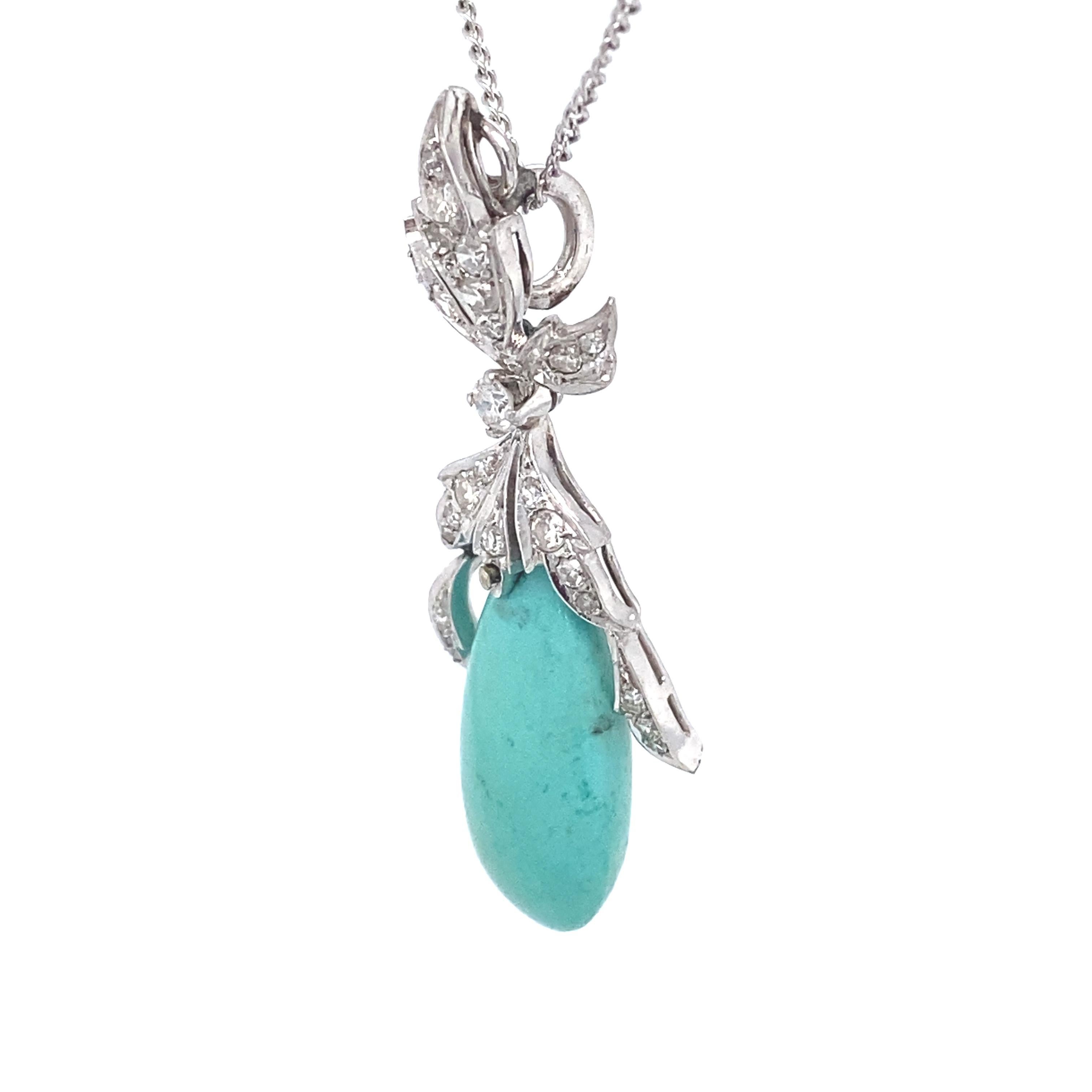 1940s Turquoise and Diamond Drop Pendant in 18 Karat White Gold In Good Condition For Sale In Atlanta, GA