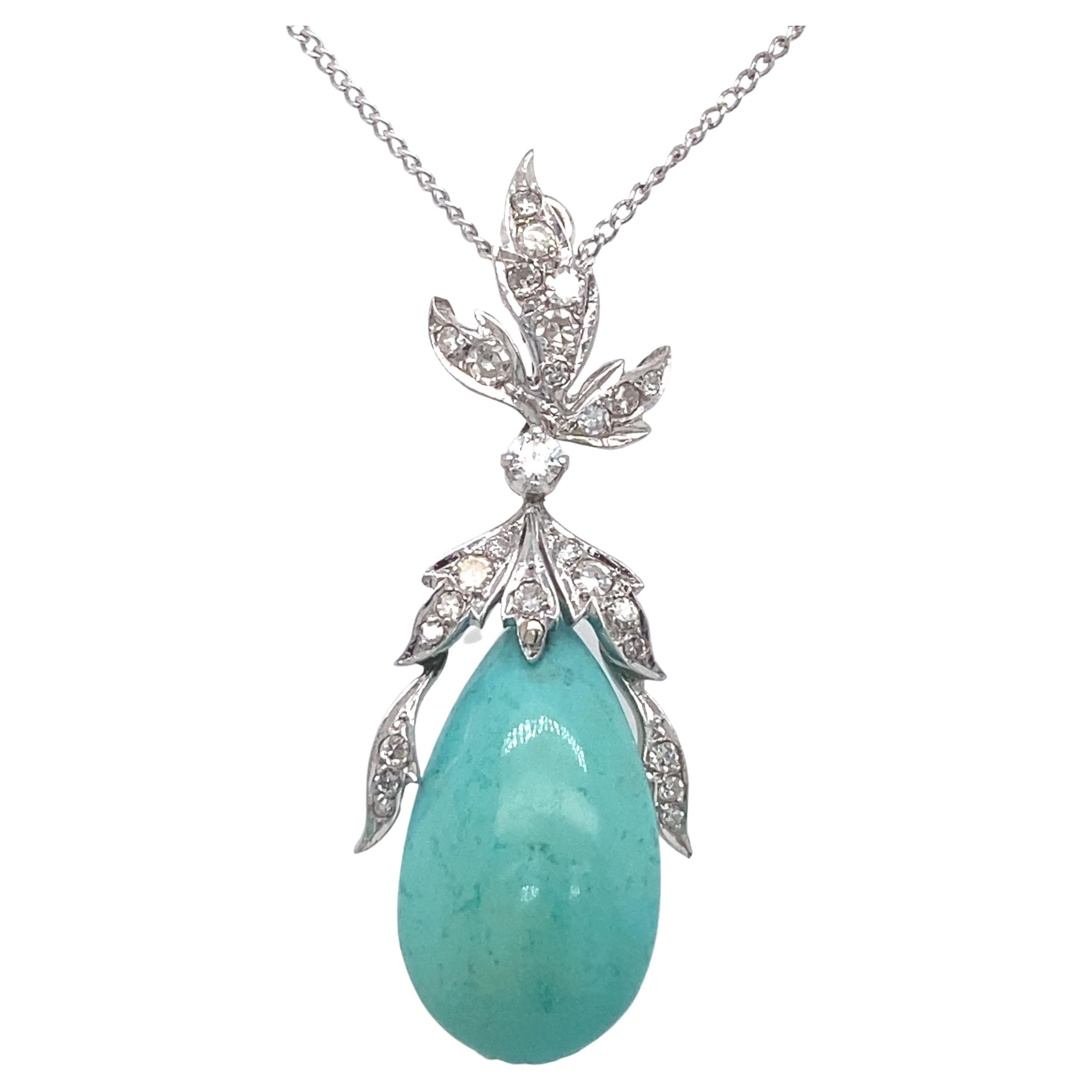 1940s Turquoise and Diamond Drop Pendant in 18 Karat White Gold For Sale
