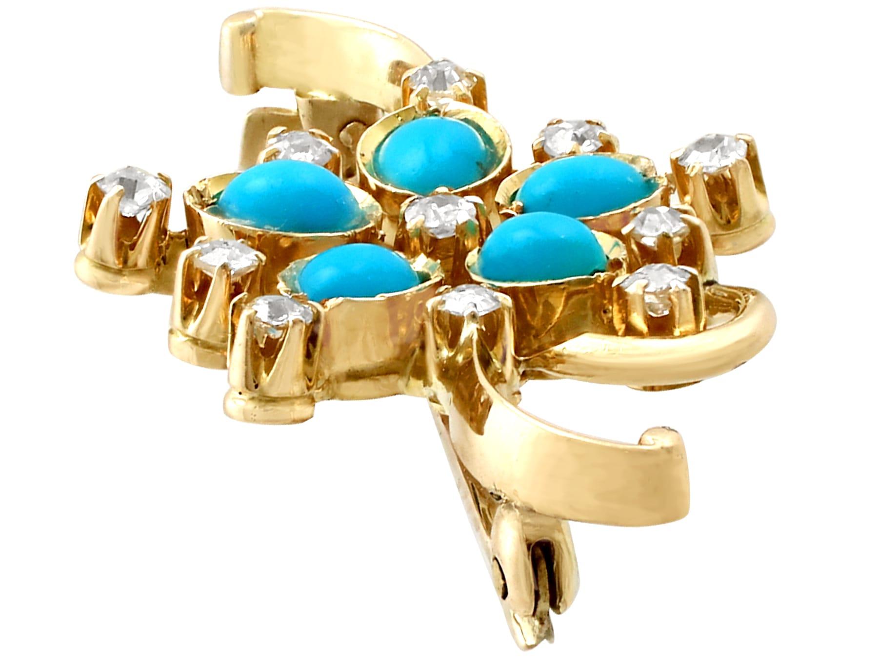 Old Mine Cut 1940s Turquoise and Diamond Yellow Gold Bar Brooch For Sale