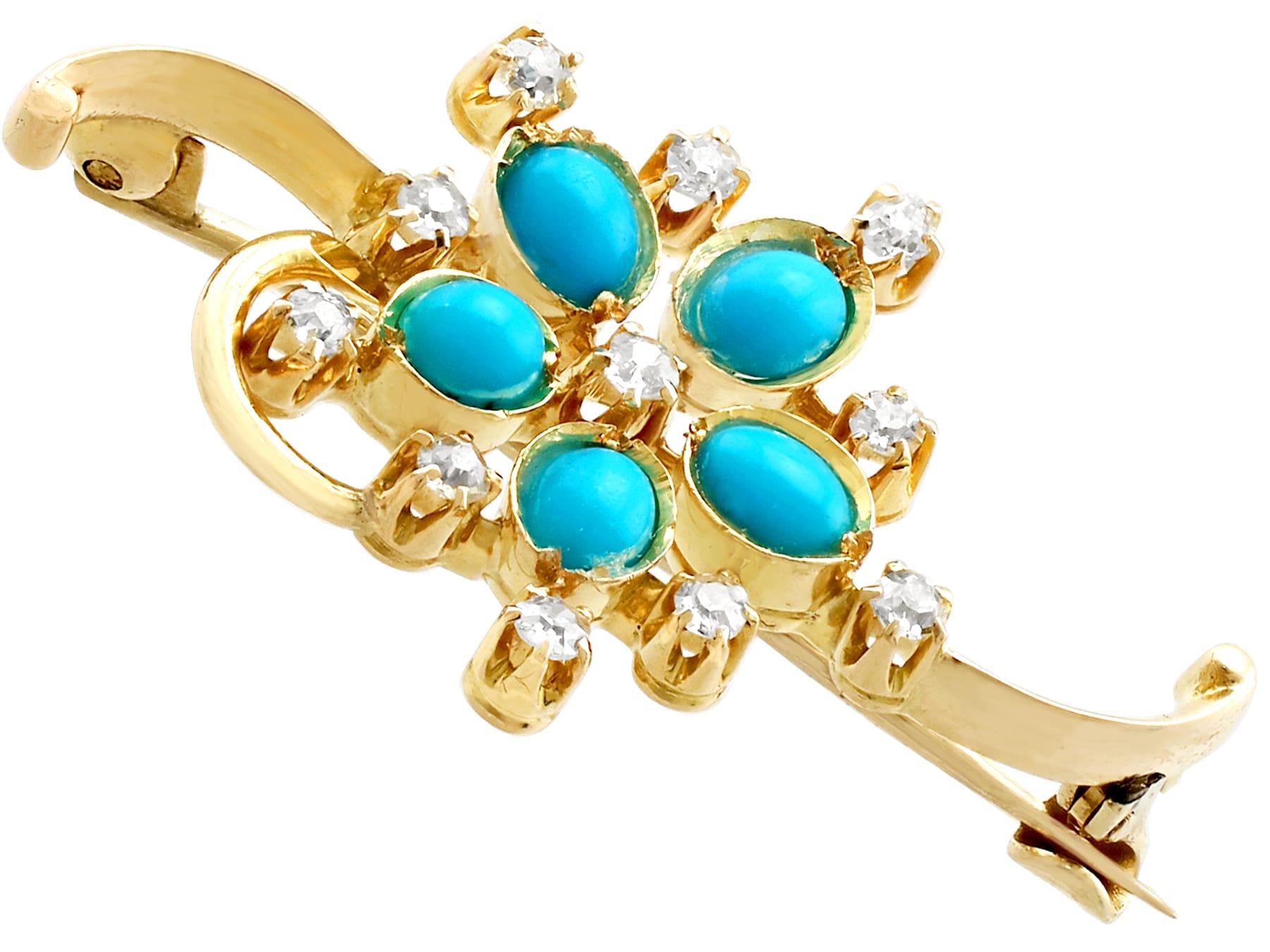 1940s Turquoise and Diamond Yellow Gold Bar Brooch In Excellent Condition For Sale In Jesmond, Newcastle Upon Tyne