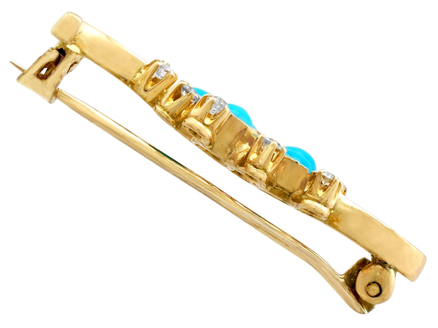Women's or Men's 1940s Turquoise and Diamond Yellow Gold Bar Brooch For Sale