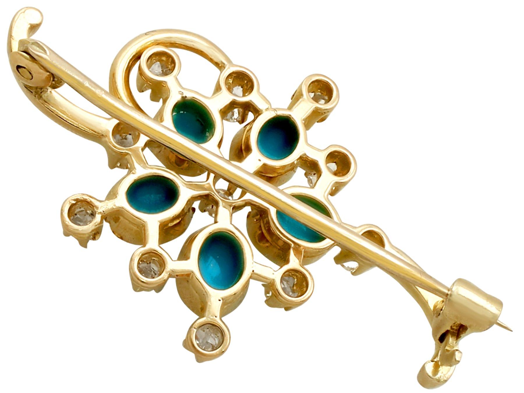 Broche barre en or jaune, turquoise et diamants des années 1940 en vente 1