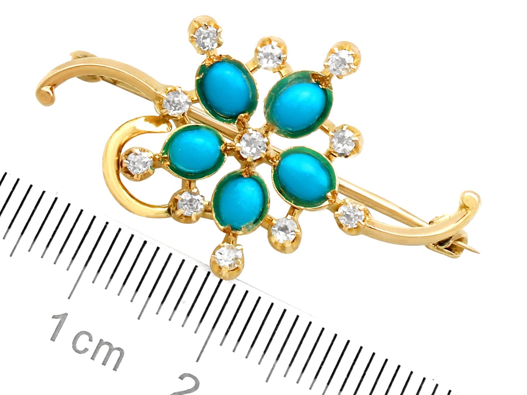Broche barre en or jaune, turquoise et diamants des années 1940 en vente 3