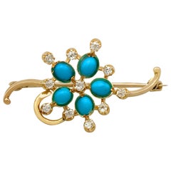 1940s, Turquoise and Diamond Yellow Gold Bar Brooch
