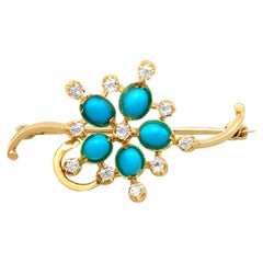 1940s Turquoise and Diamond Yellow Gold Bar Brooch