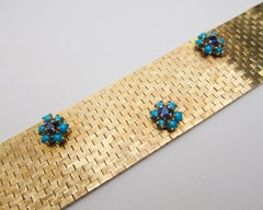 1940s Turquoise and Sapphire 14 Karat Gold Mesh Bracelet