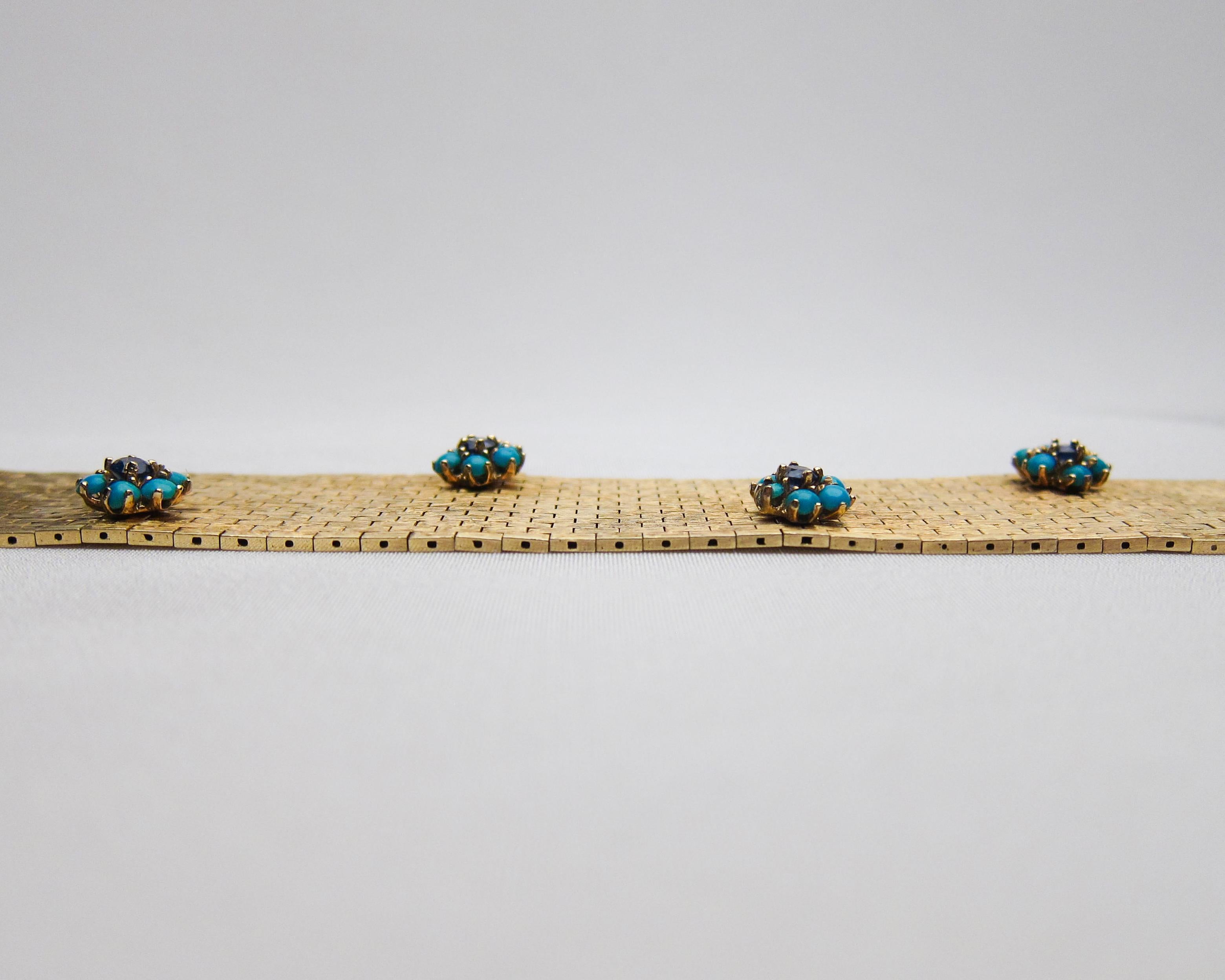 Retro 1940s Turquoise and Sapphire 14 Karat Gold Mesh Bracelet For Sale