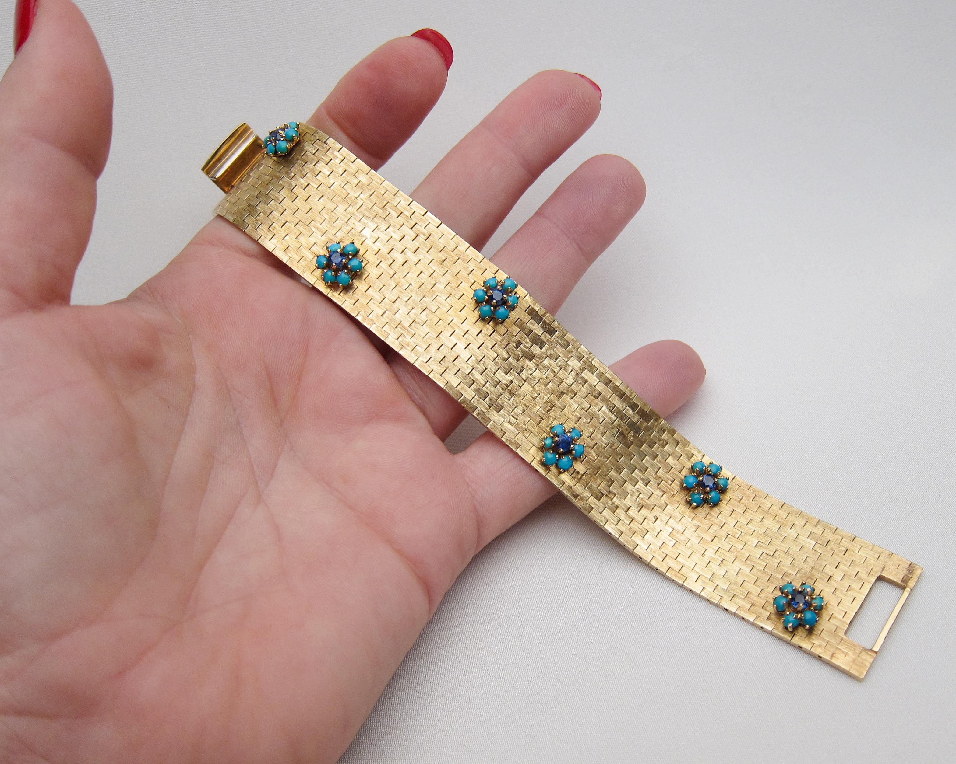 1940s Turquoise and Sapphire 14 Karat Gold Mesh Bracelet For Sale 1