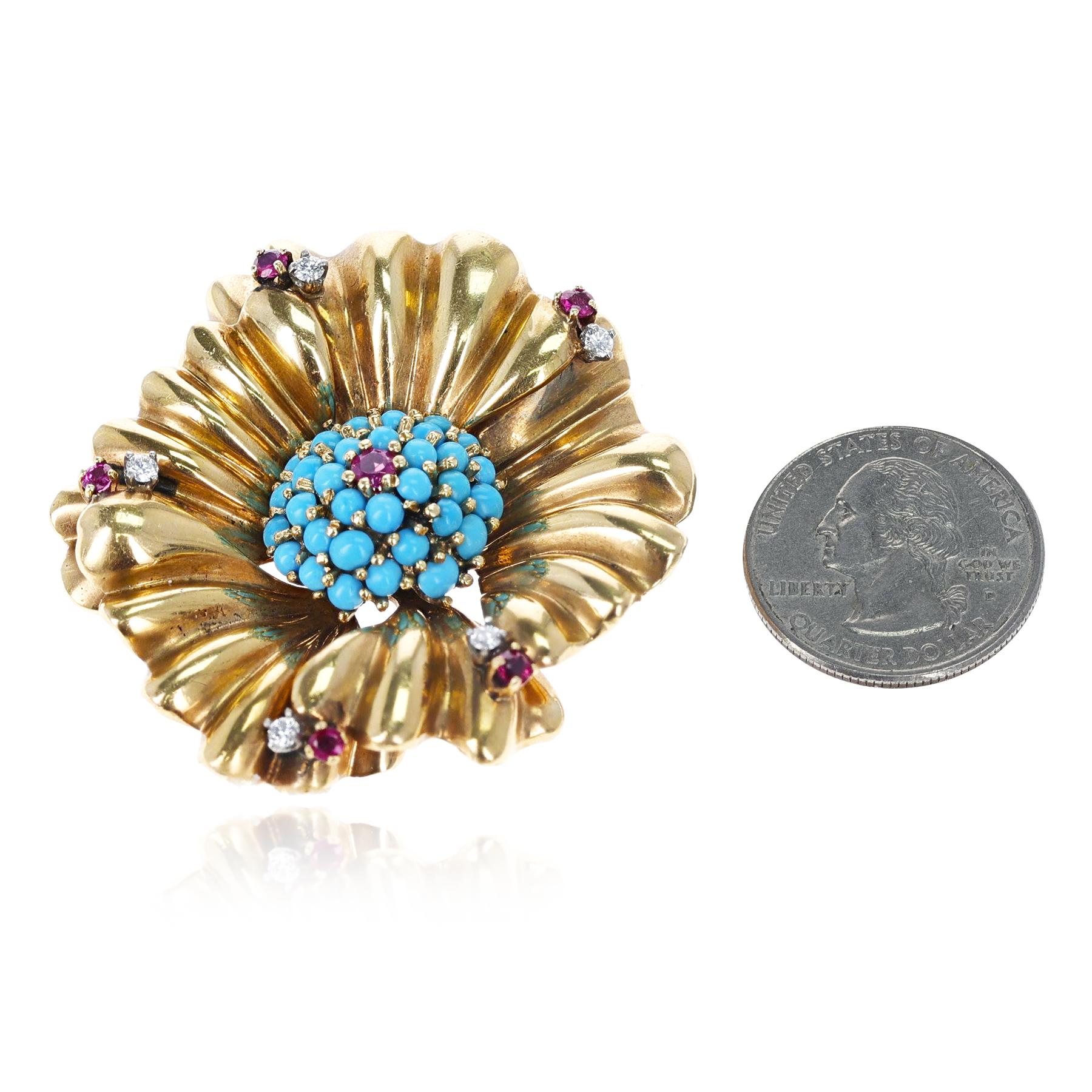 1940s Turquoise, Ruby and Diamond Flower Brooch, 14k Gold In Excellent Condition For Sale In New York, NY