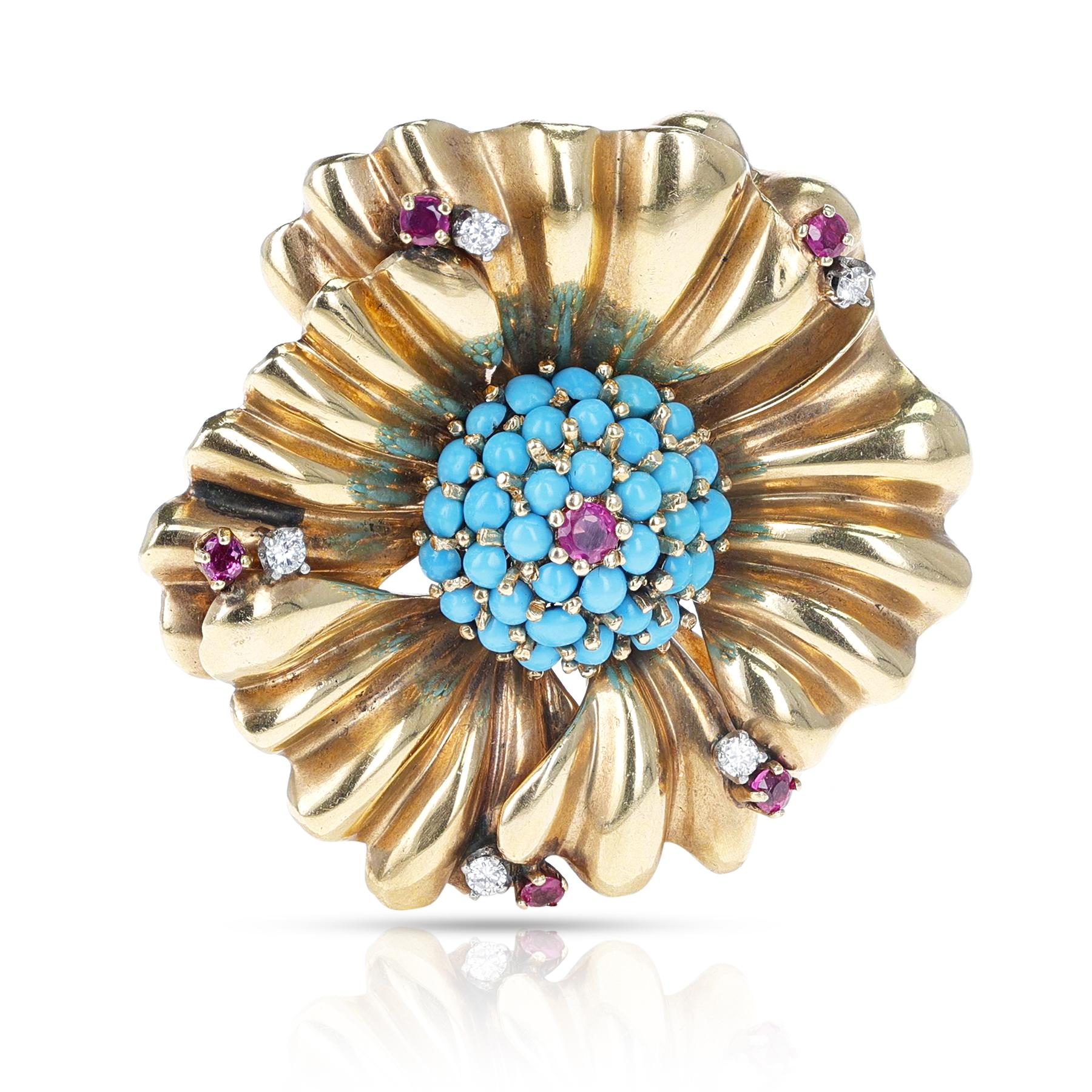 Women's or Men's 1940s Turquoise, Ruby and Diamond Flower Brooch, 14k Gold For Sale