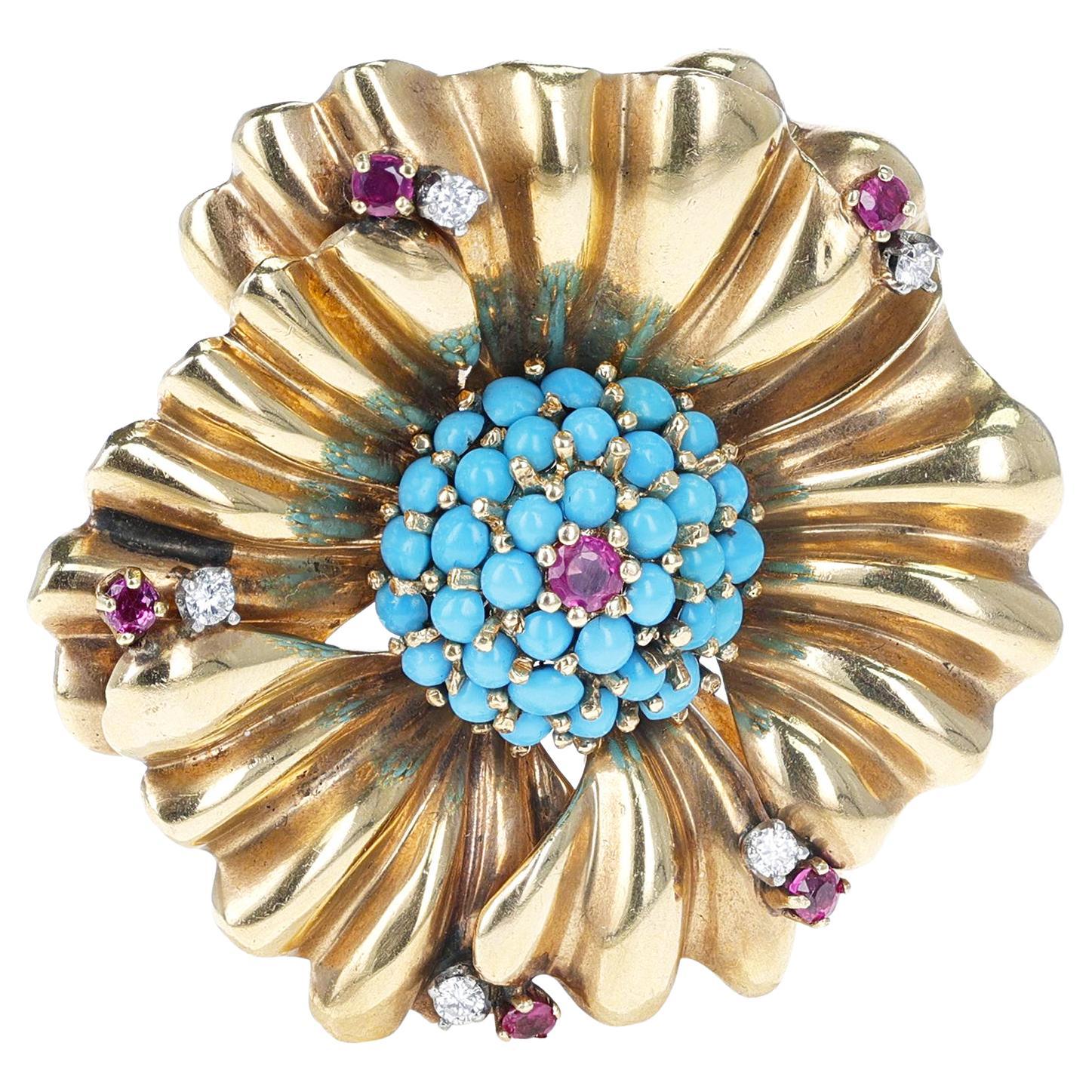 1940s Turquoise, Ruby and Diamond Flower Brooch, 14k Gold For Sale