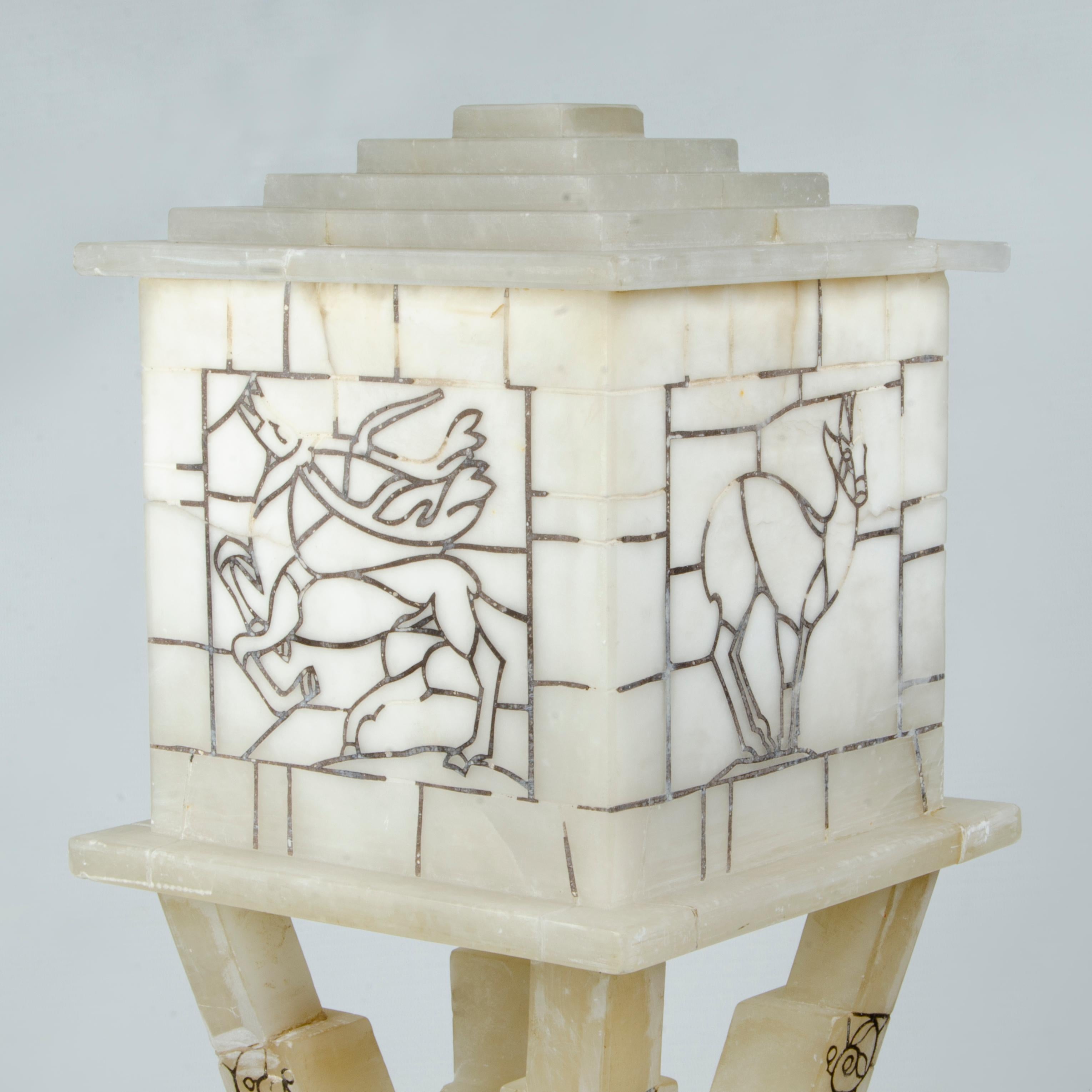 Italian 1940s Two-Bodies White Volterra Alabaster Table Lamp by Bianchi Factory, Italy For Sale