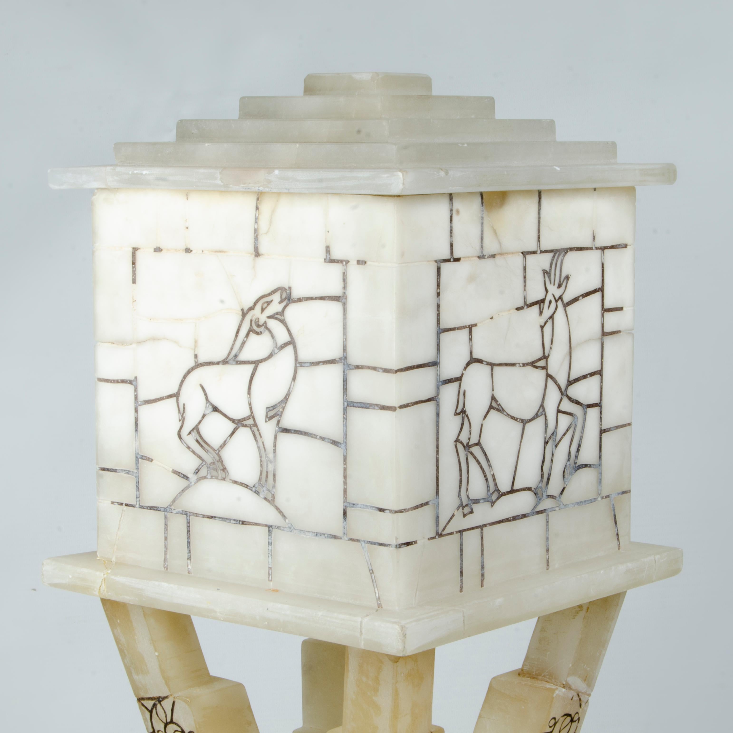 Hand-Crafted 1940s Two-Bodies White Volterra Alabaster Table Lamp by Bianchi Factory, Italy For Sale