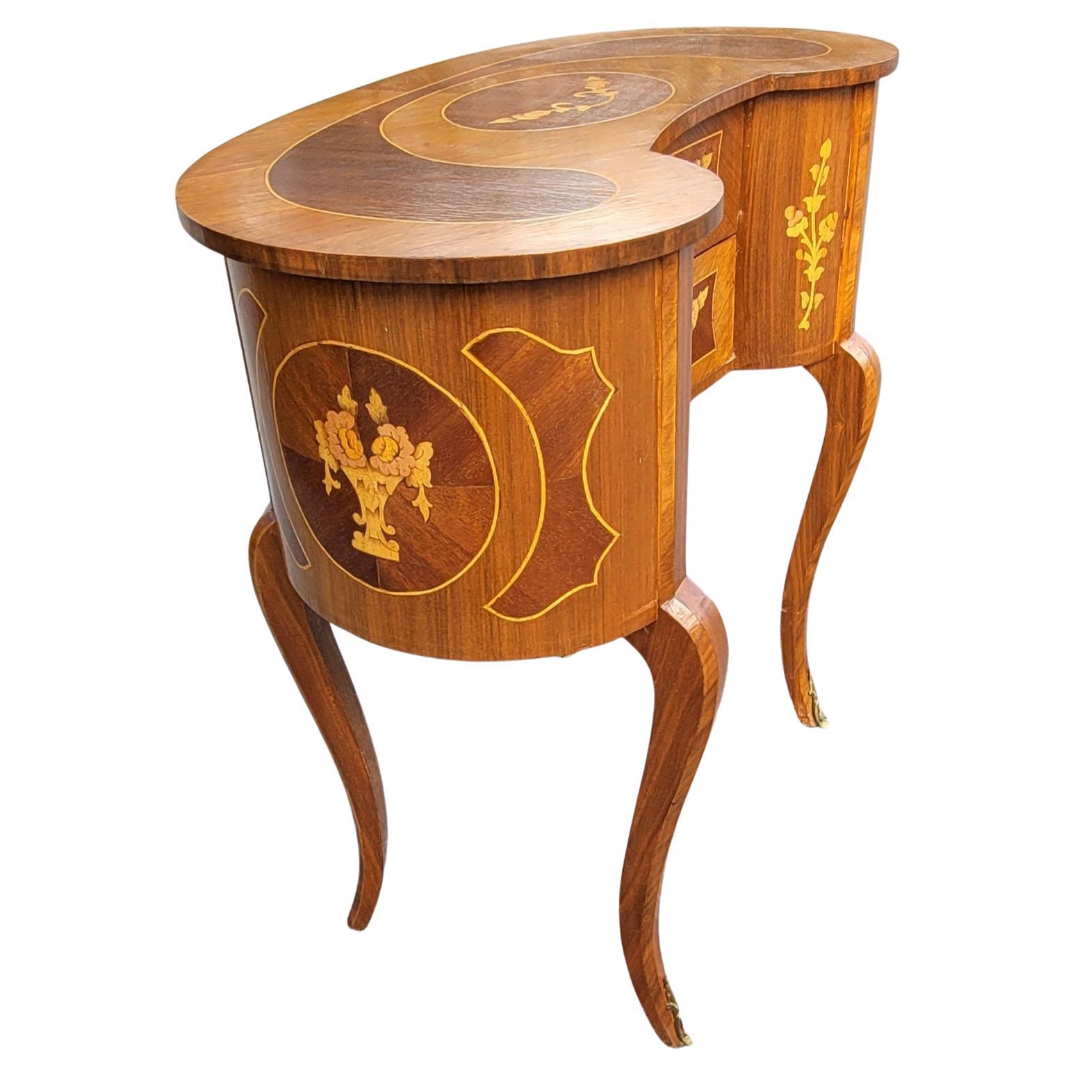 Louis XVI 1940s Two-Drawer Continental Marquetry Mahogany Kidney Dressing Table For Sale