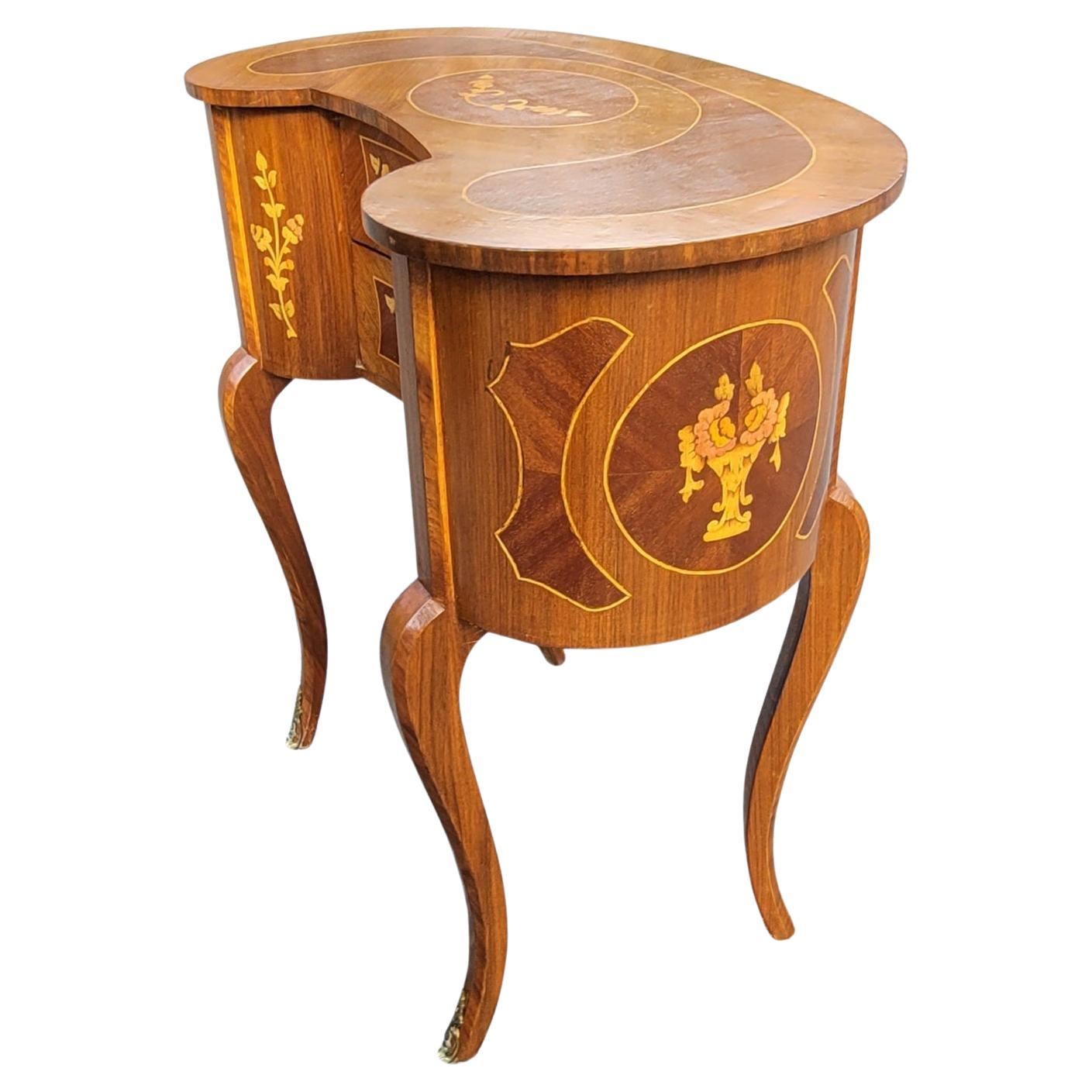 Louis XVI 1940s Two-Drawer Continental Marquetry Mahogany Kidney Dressing Table For Sale