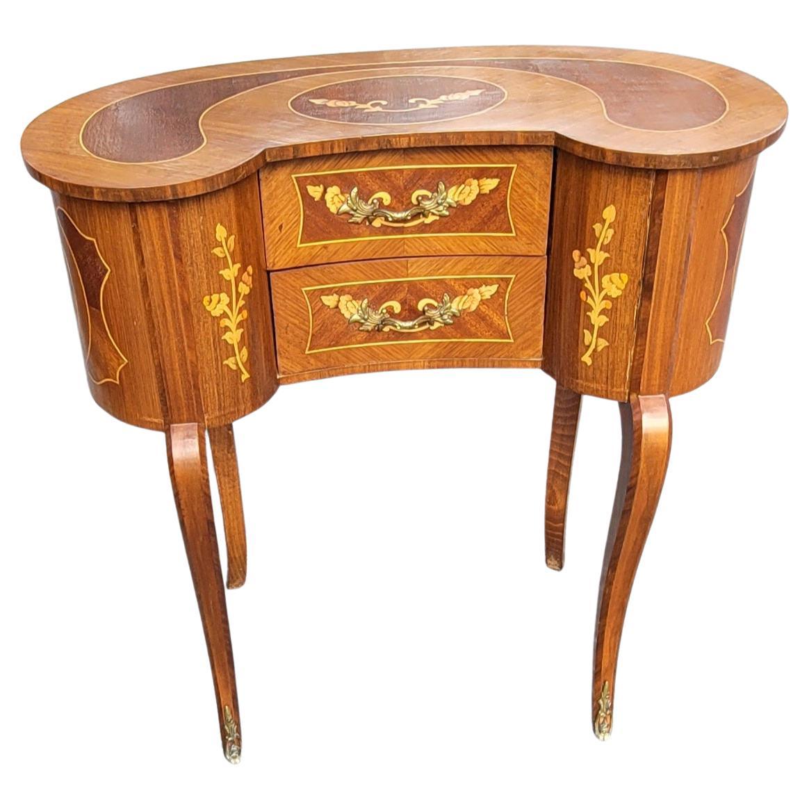 20th Century 1940s Two-Drawer Continental Marquetry Mahogany Kidney Dressing Table For Sale