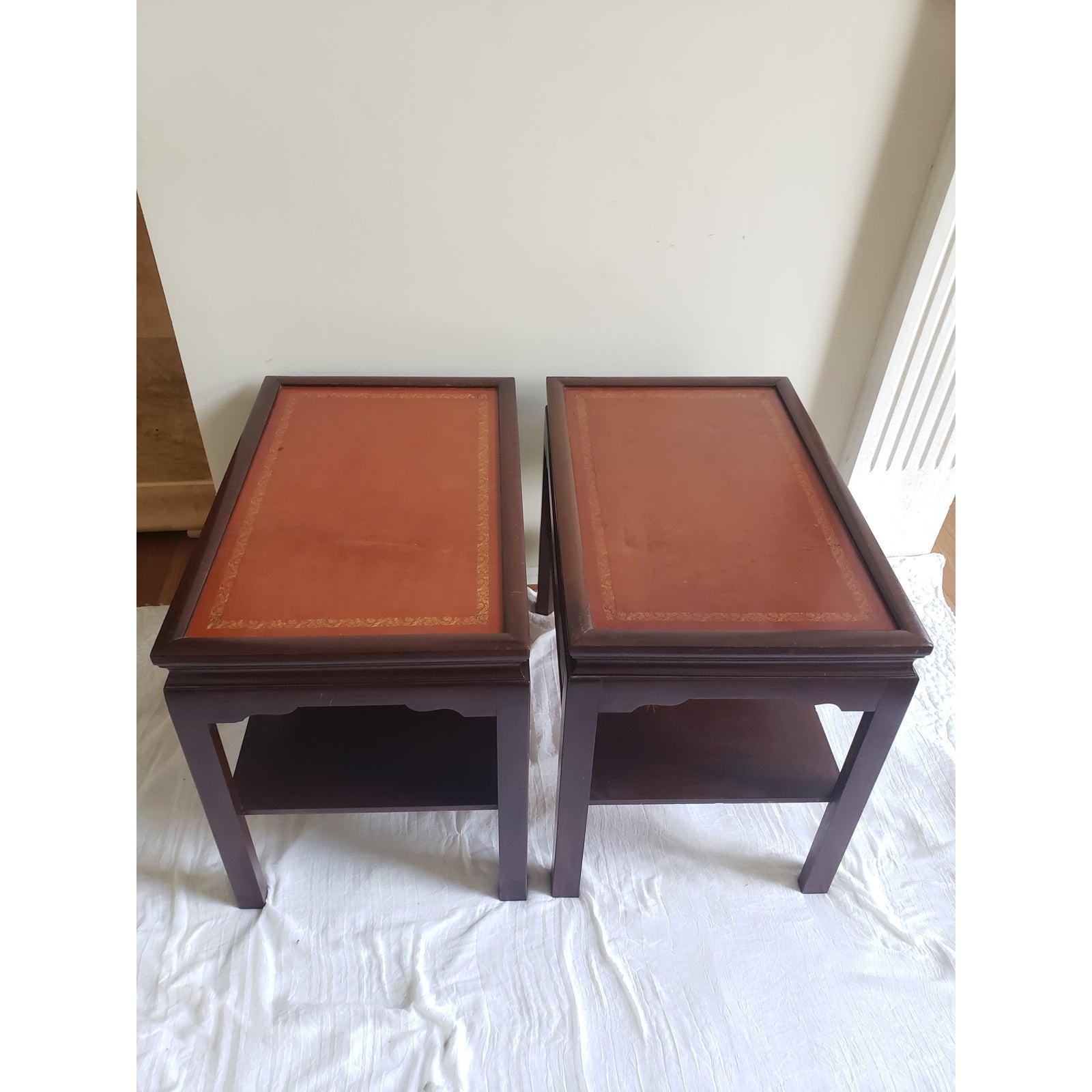 1940s Two-Tier Leather and Stinciling Top Side Tables, a Pair In Good Condition For Sale In Germantown, MD