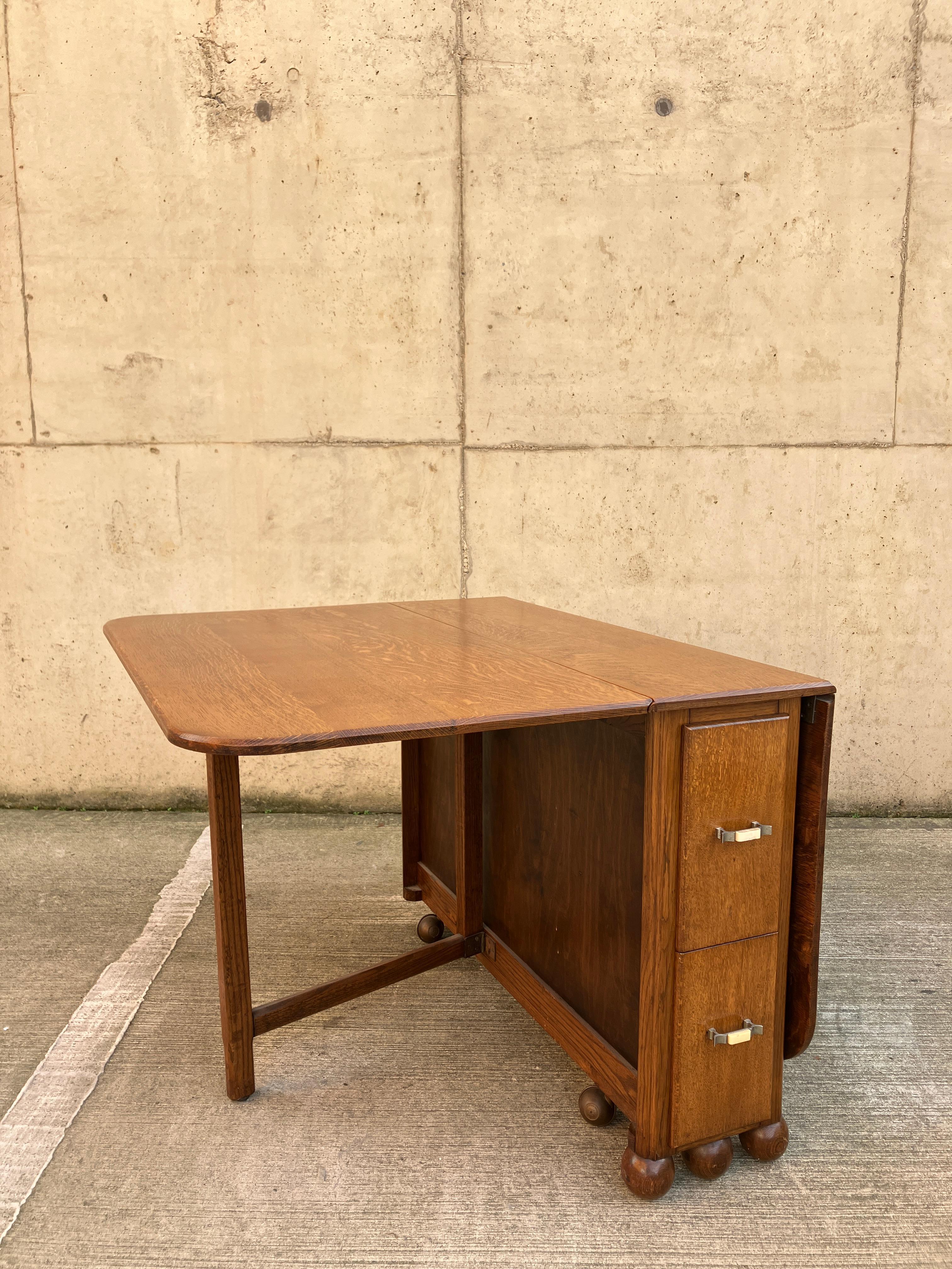 Teak 1940's Unique large Oak drop leaf dining table / desk with long drawers For Sale