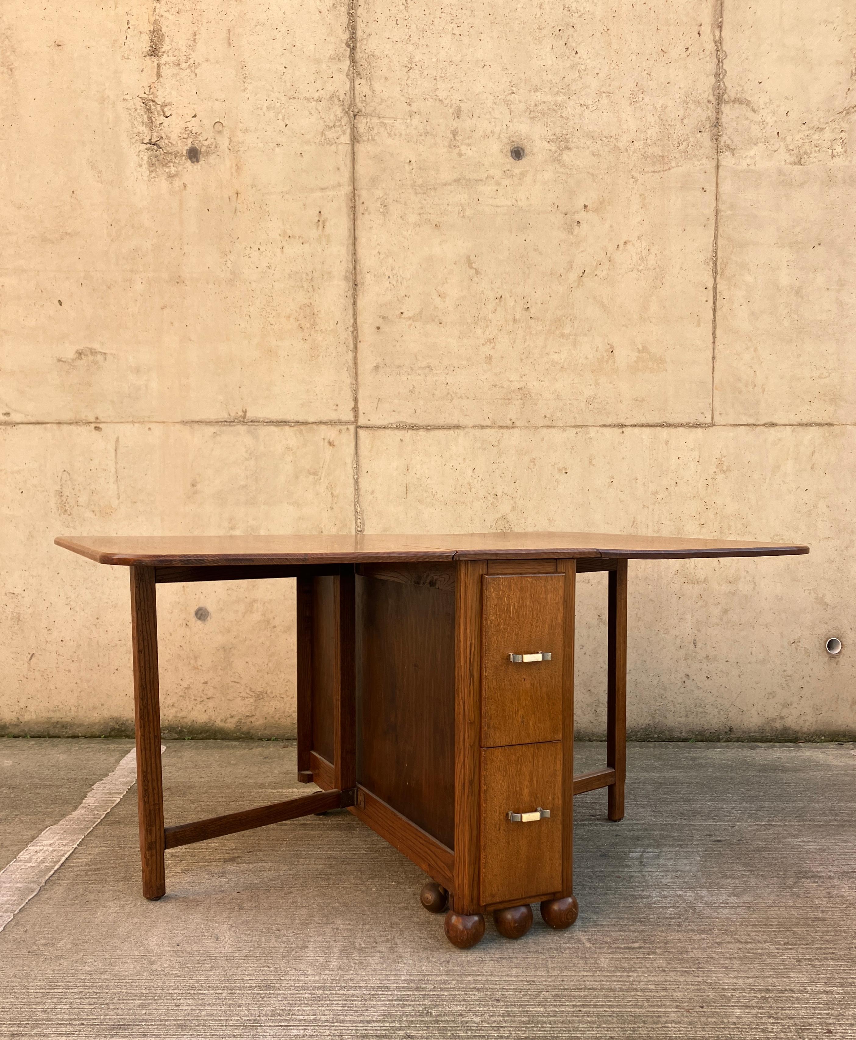 1940's Unique large Oak drop leaf dining table / desk with long drawers For Sale 3