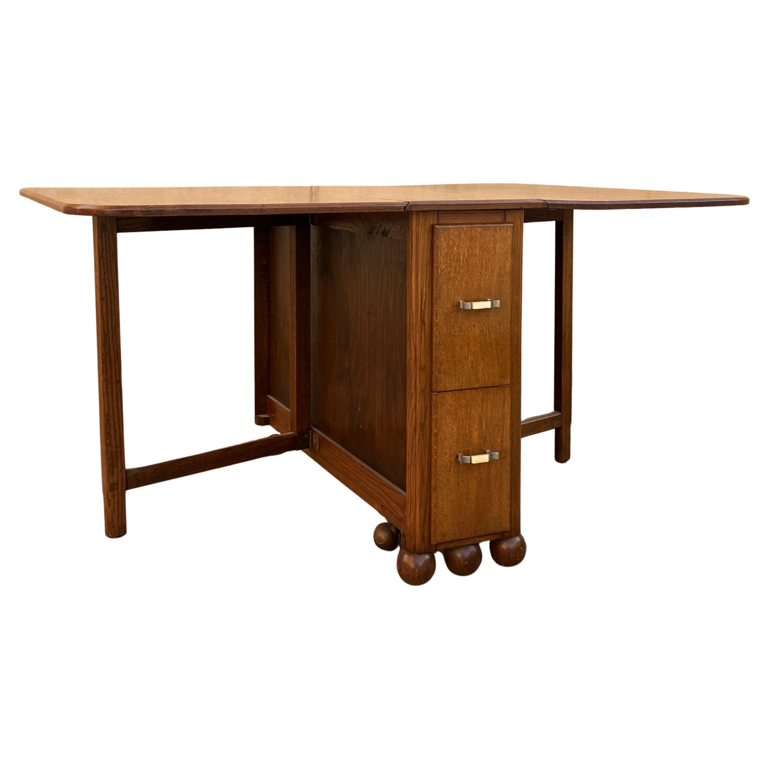 Mesa de comedor/escritorio de hoja abatible de Roble de 1940, única y grande, con cajones largos