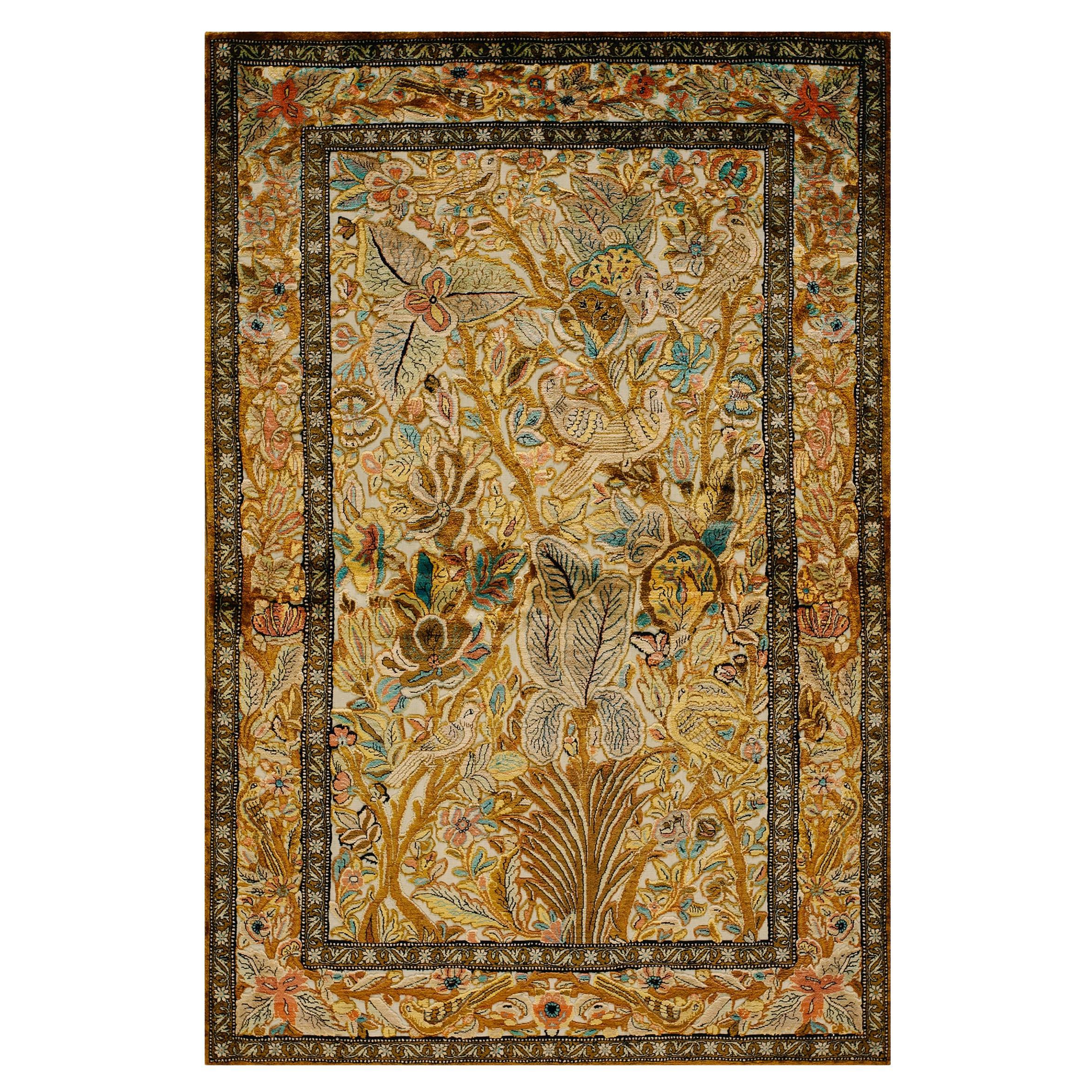 1940s Unique Persian Silk Souf Qum Floral Garden Antique Rug 3
6"x5
3" Carpet For Sale