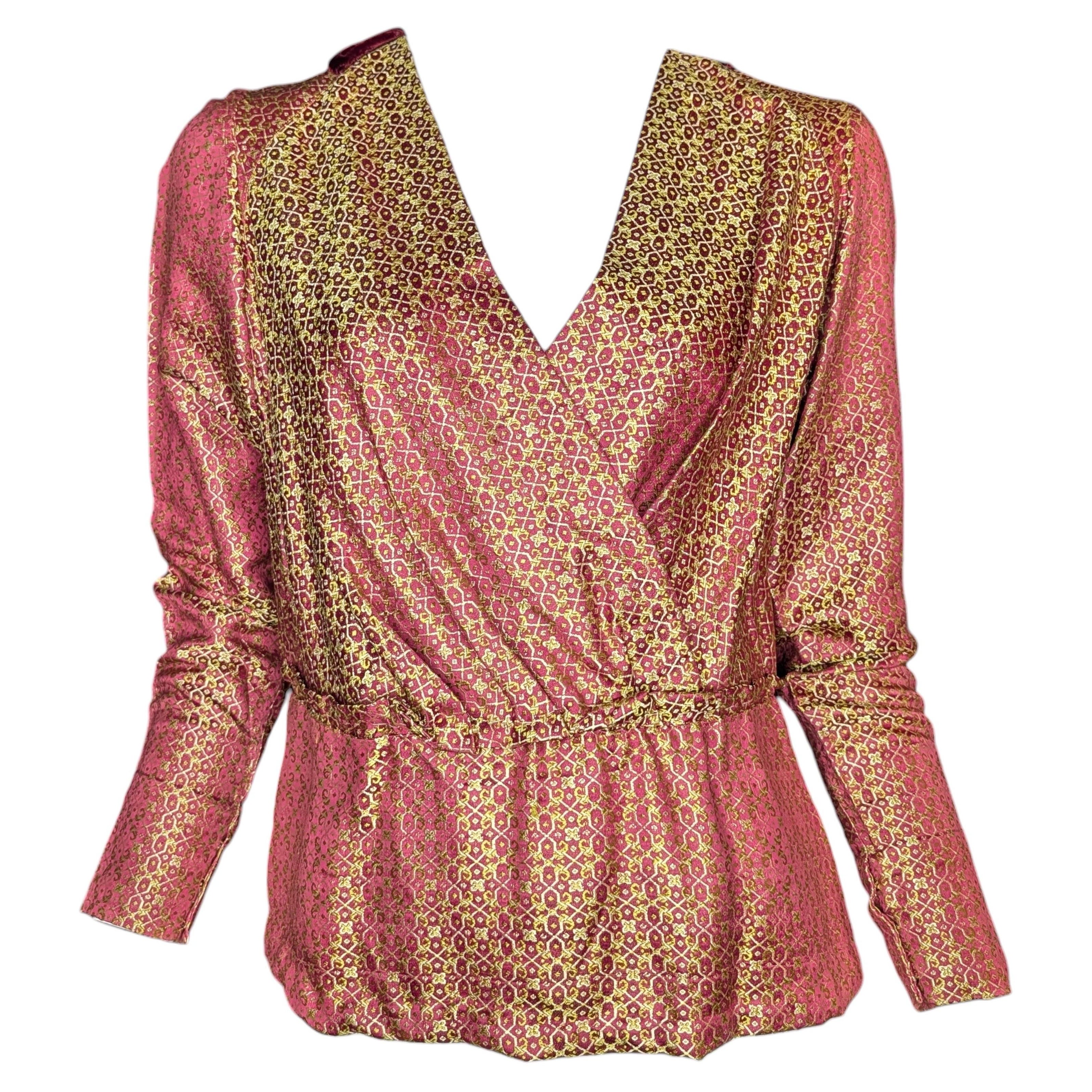 1940s Unlabeled American Couture-Quality Jacquard 
Velvet Blouse, gold and pink