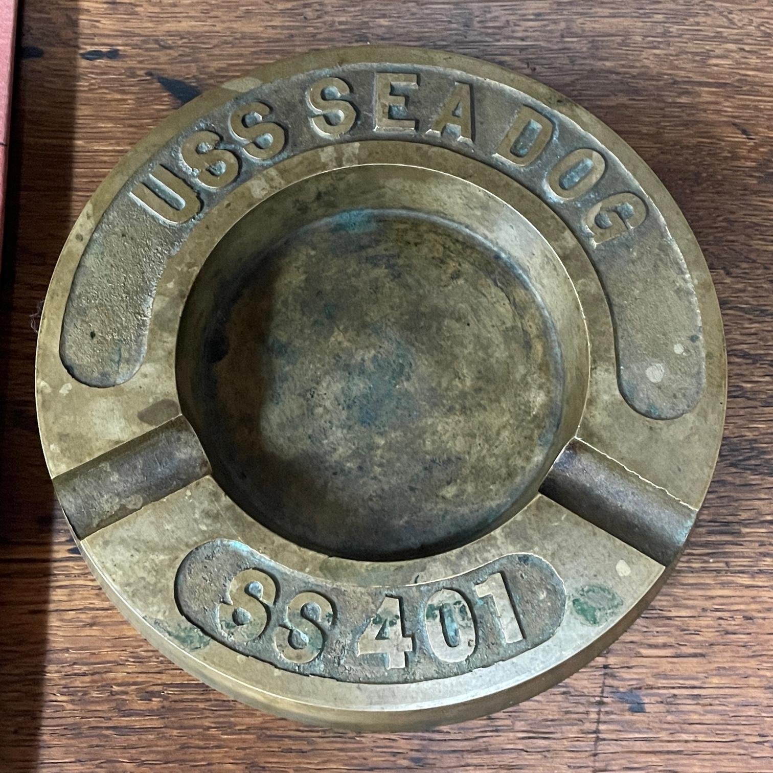Streamlined Moderne 1940s USS Sea Dog Submarine Nautical Ashtray Machined Brass Cigarette Cigar Dish