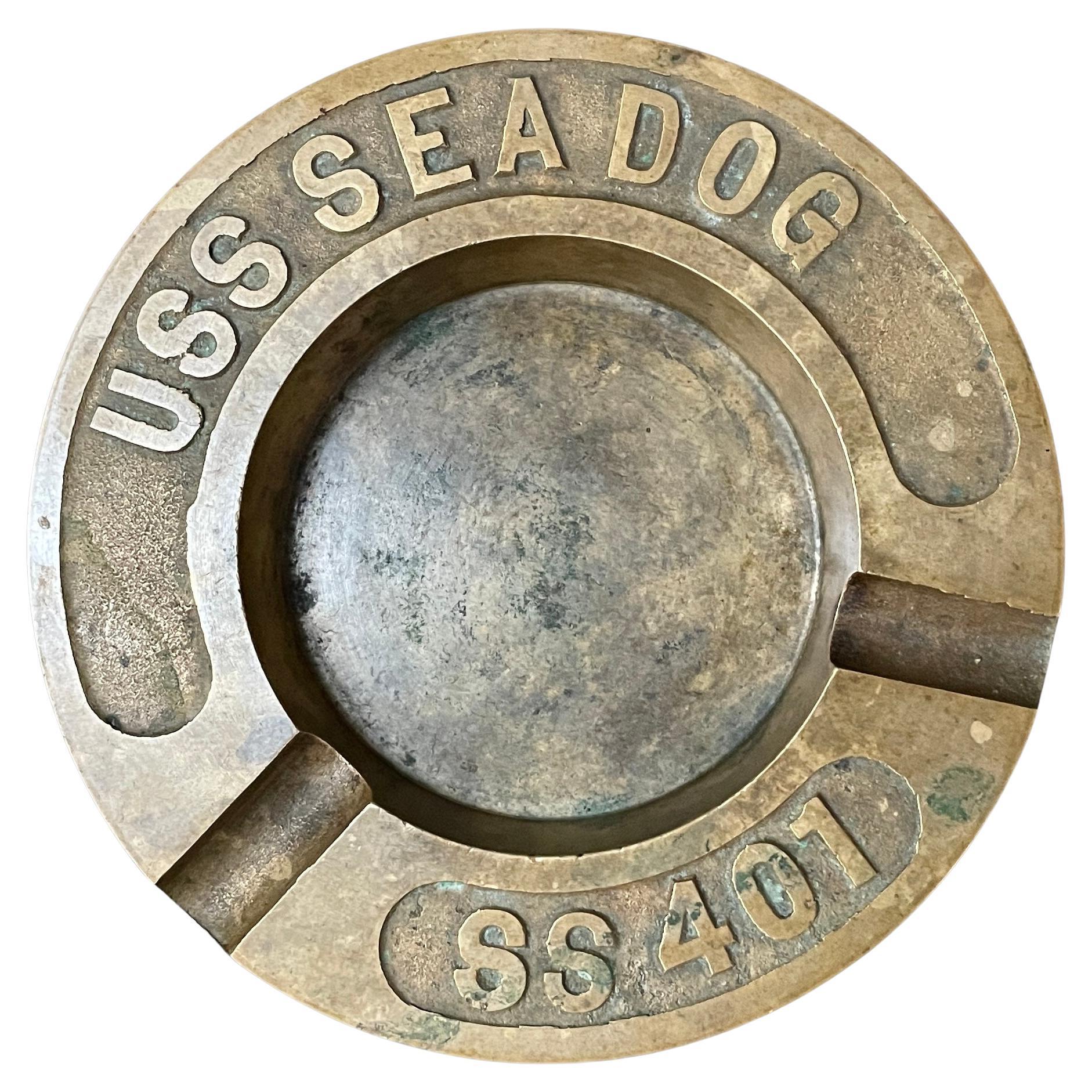 1940s USS Sea Dog Submarine Nautical Ashtray Machined Brass Cigarette Cigar Dish