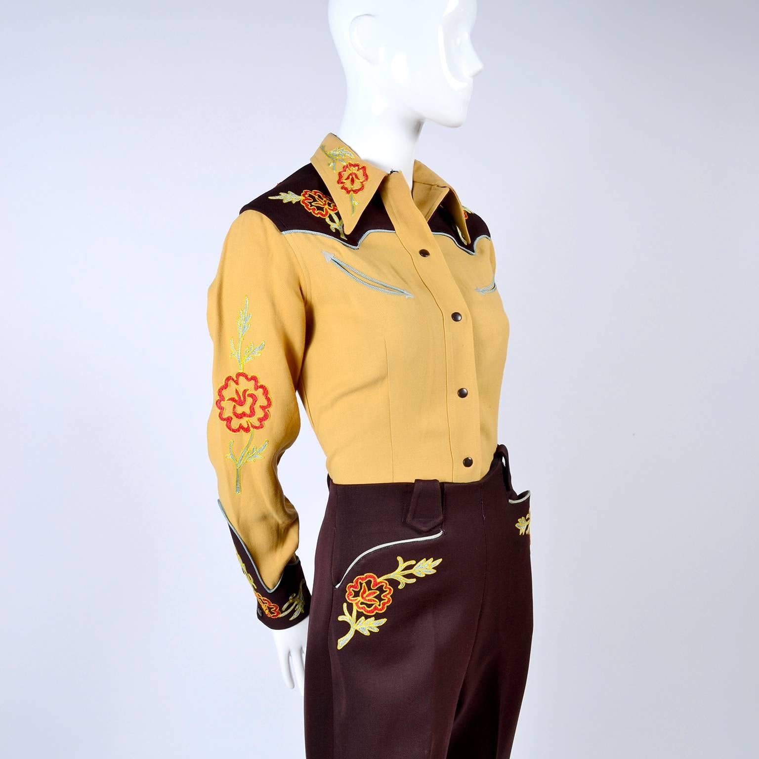 Black 1940s Vaquero Western Cowboy Shirt & Pants Cowgirl in Gabardine  w Embroidery