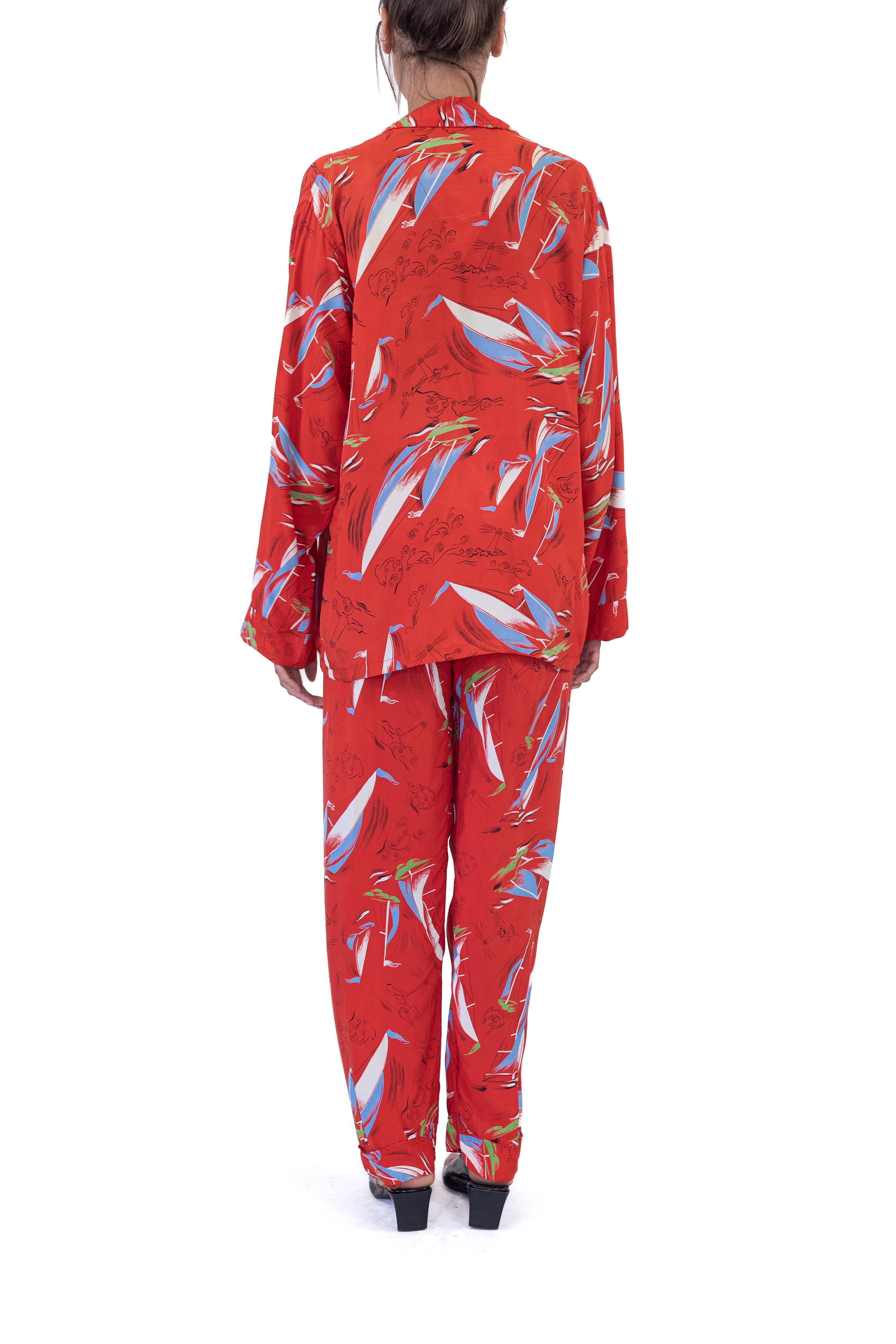 1940S VARSITY Red Cold Rayon Novelty Nautical Dolphin Print Pajamas 2