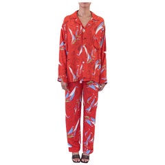 Vintage 1940S VARSITY Red Cold Rayon Novelty Nautical Dolphin Print Pajamas