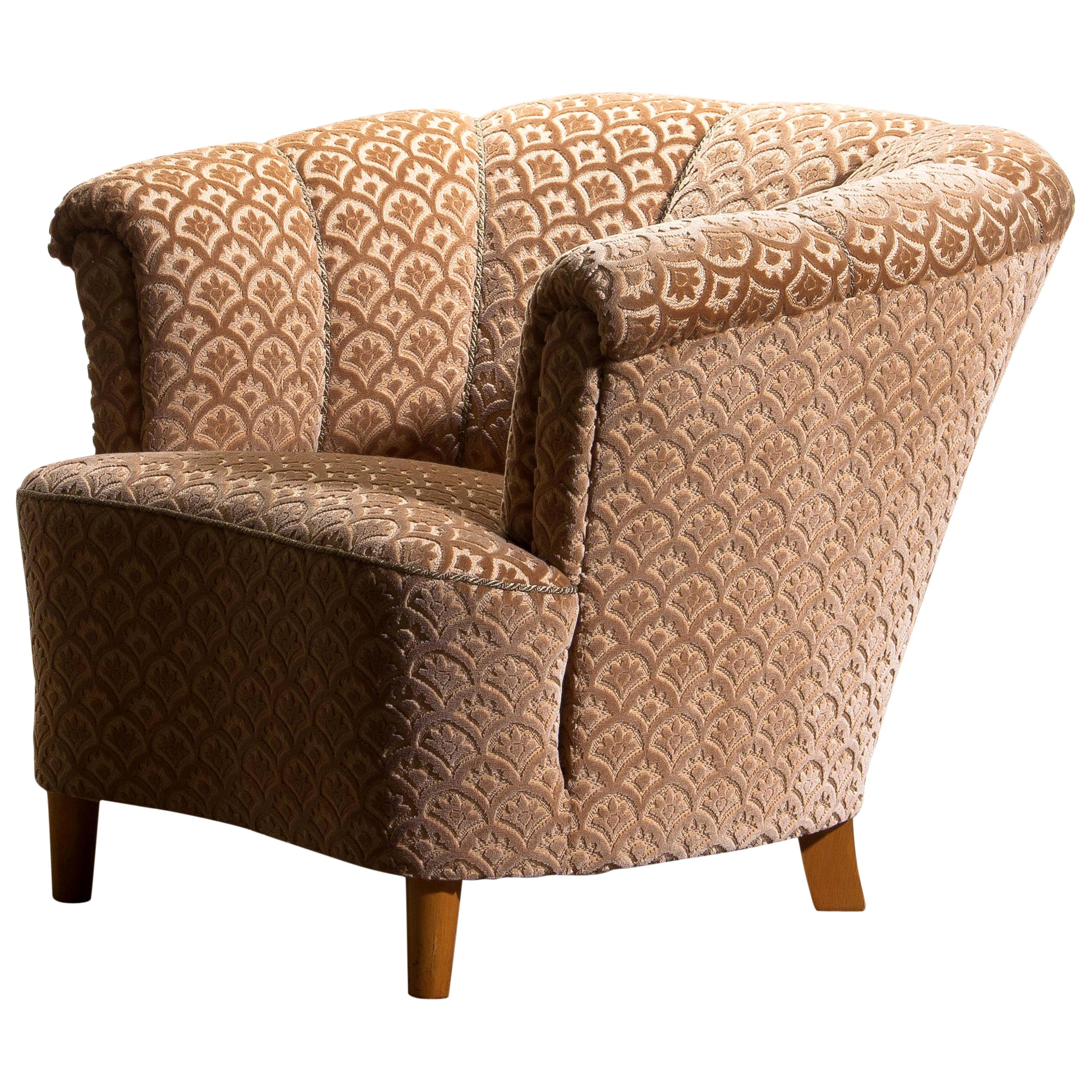 Mid-Century Modern 1940s, Velvet Jacquard Club Lounge Cocktail Chair from Sweden 1