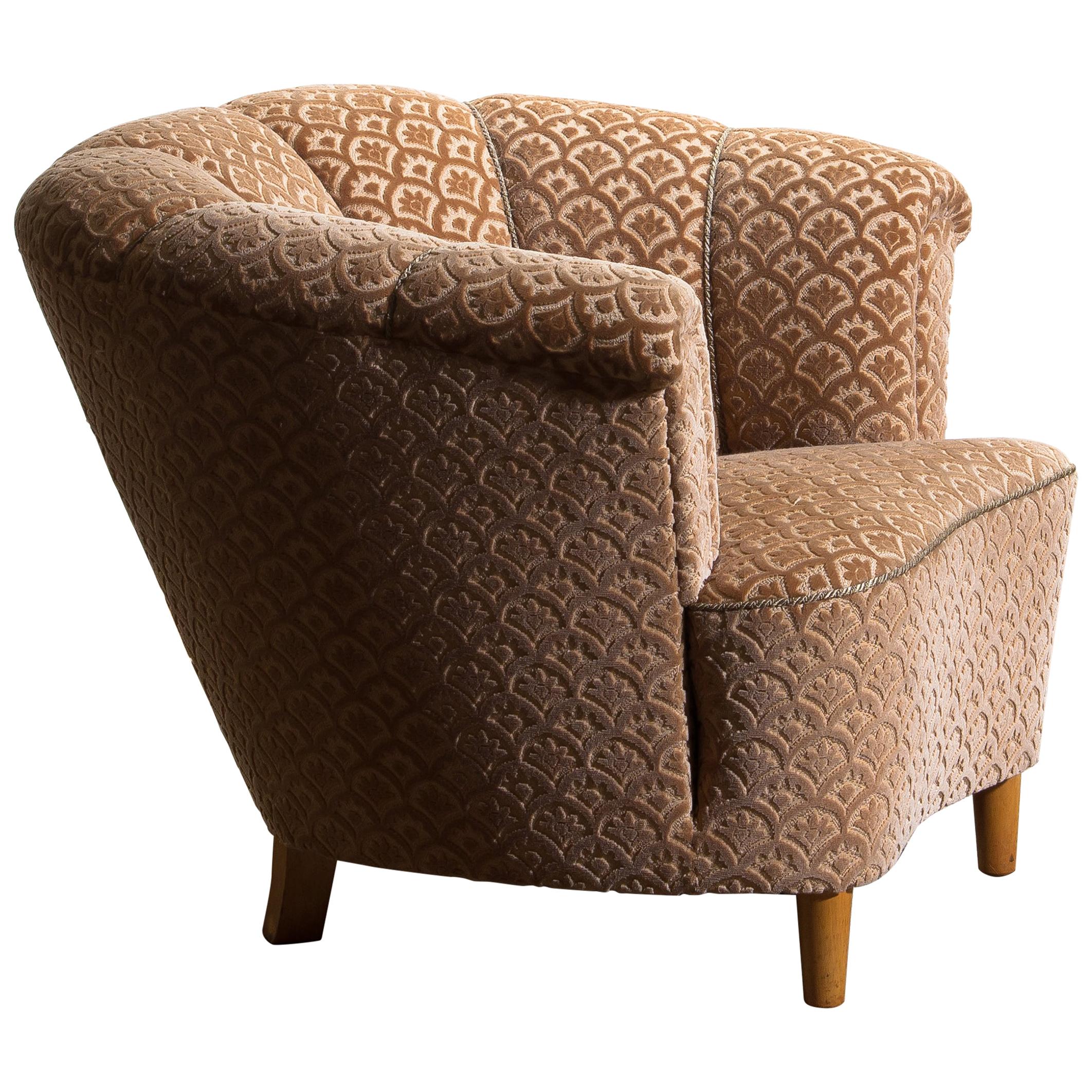 Mid-Century Modern 1940s, Velvet Jacquard Club Lounge Cocktail Chair from Sweden 1