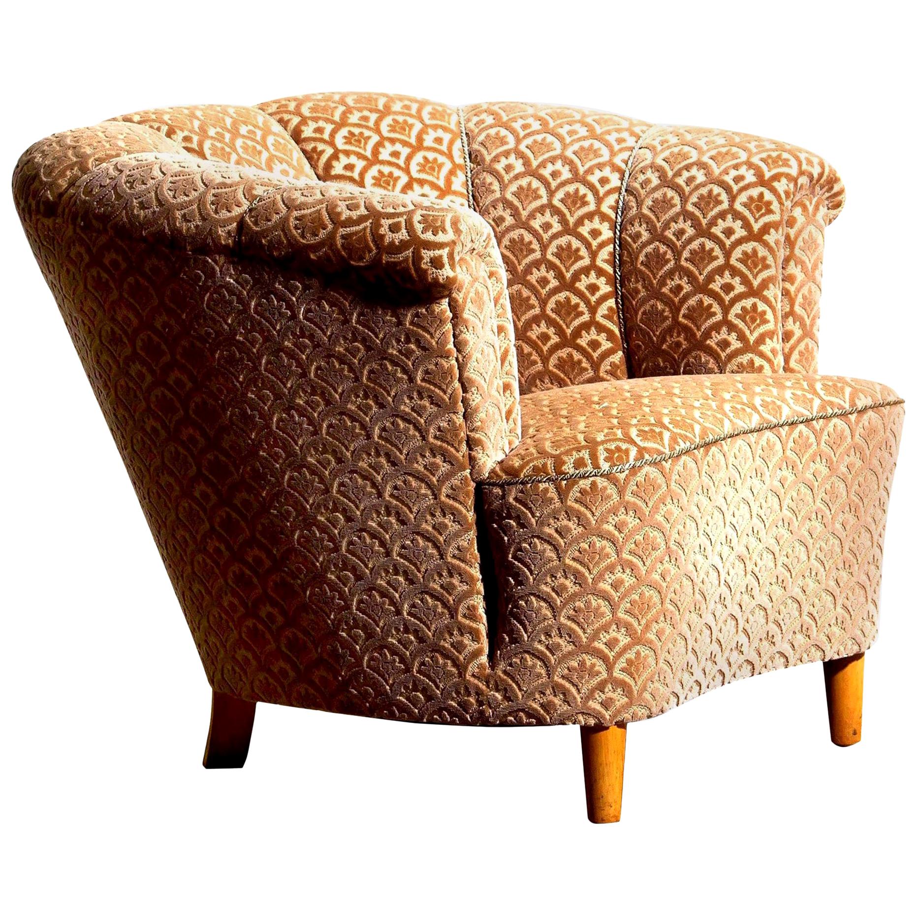 1940s, Velvet Jacquard Club Lounge Cocktail Chair from Sweden 1