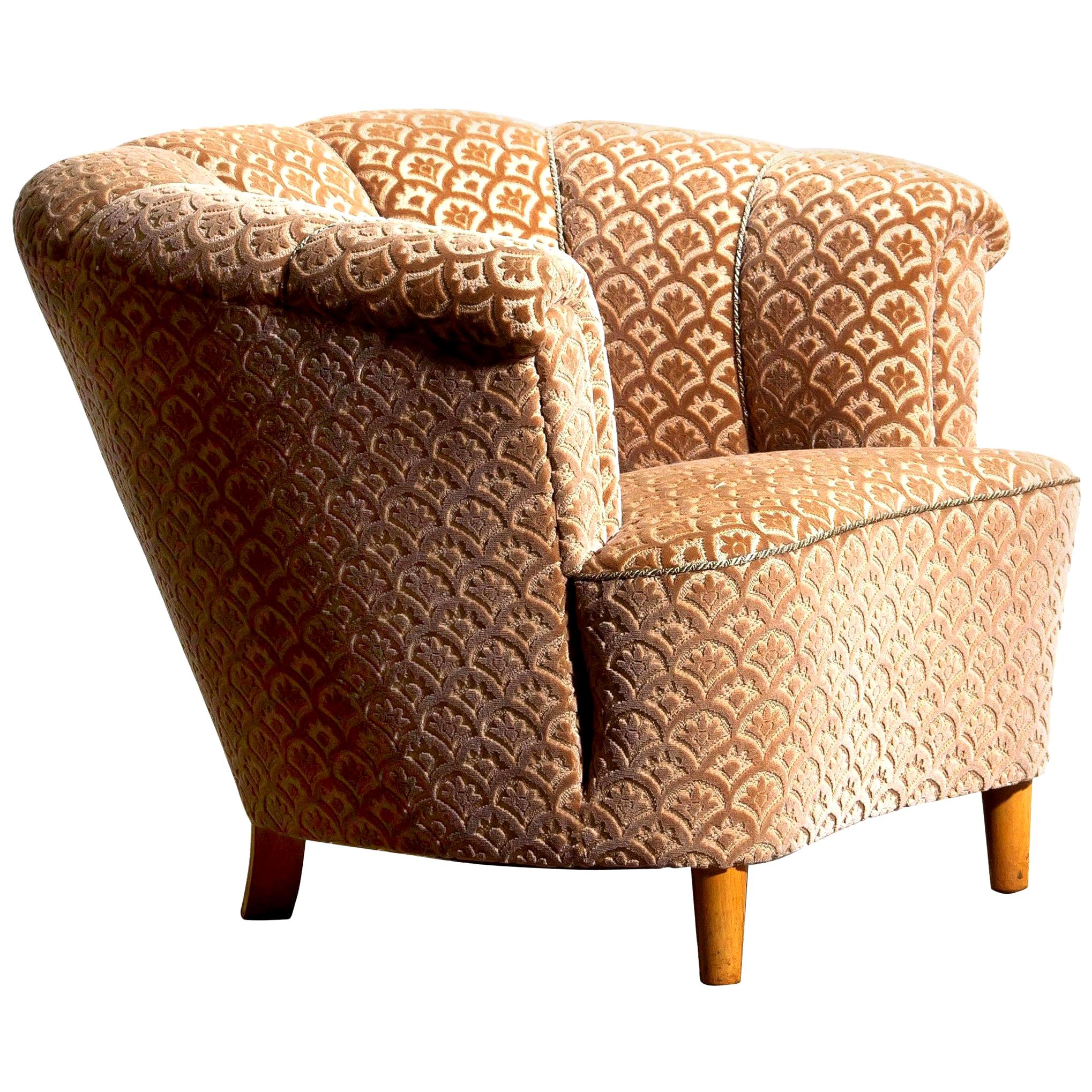 Mid-Century Modern 1940s, Velvet Jacquard Club Lounge Cocktail Chair from Sweden