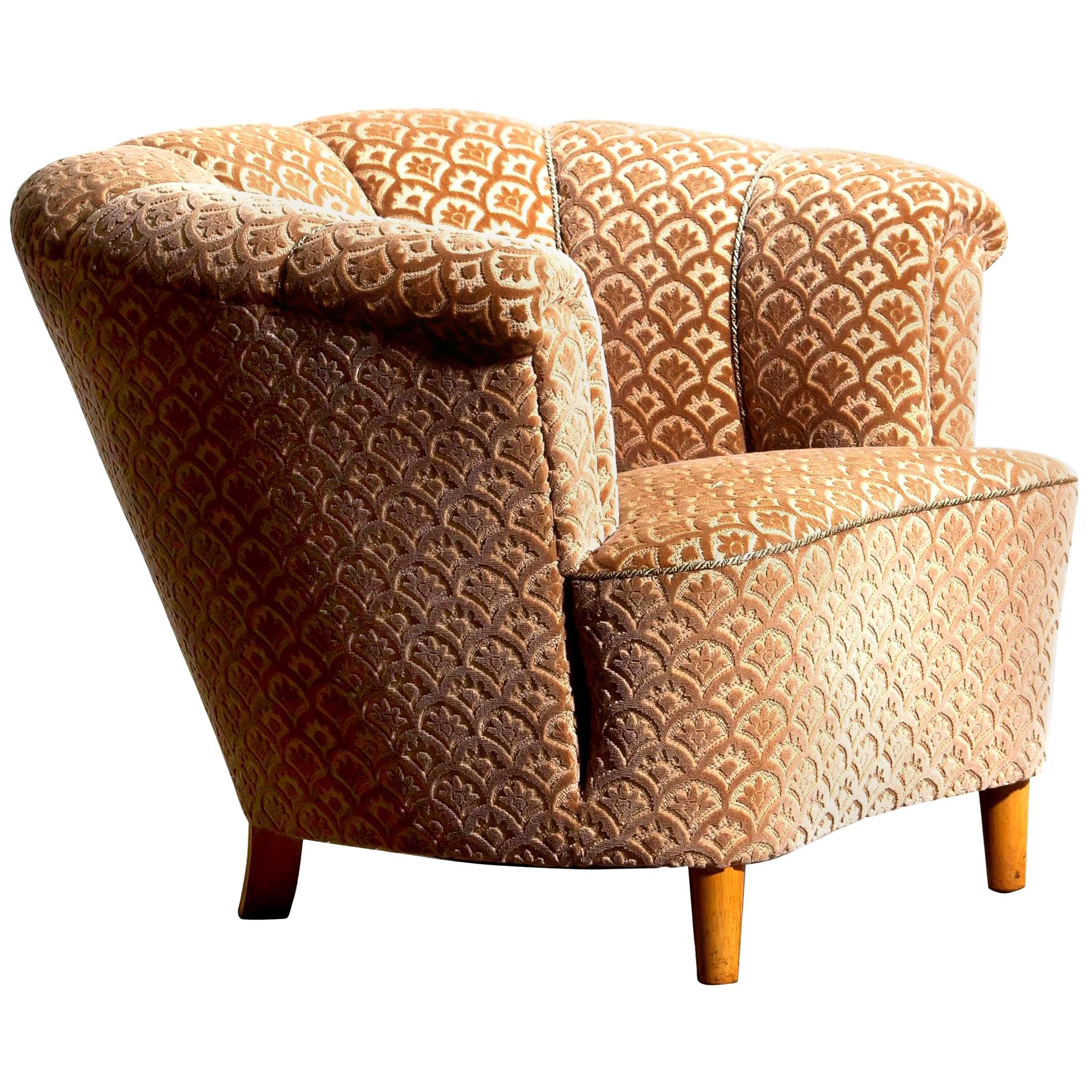 1940s, Velvet Jacquard Club Lounge Cocktail Chair from Sweden