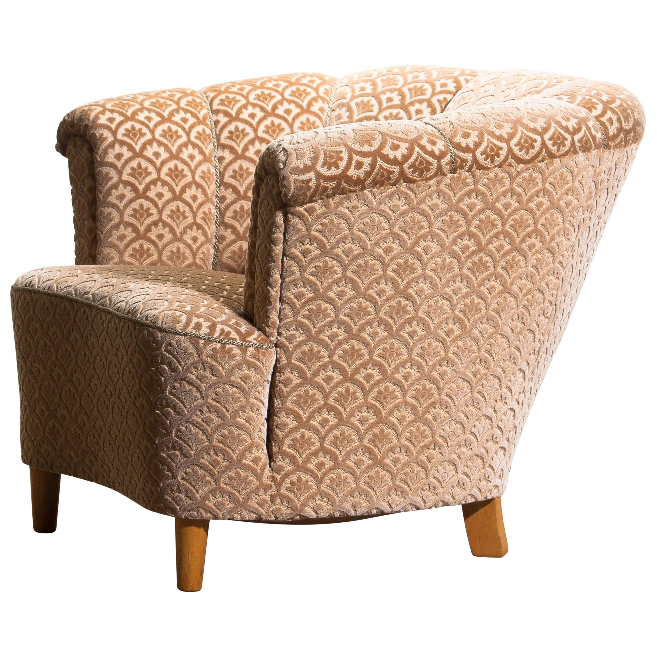 Mid-Century Modern 1940s, Velvet Jacquard Shell Back Club Lounge Cocktail Chair from Sweden