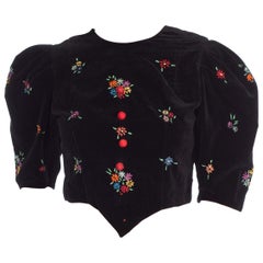 1940S Black Cotton Velvet  Top With Floral Embroidery & Red Wood Buttons