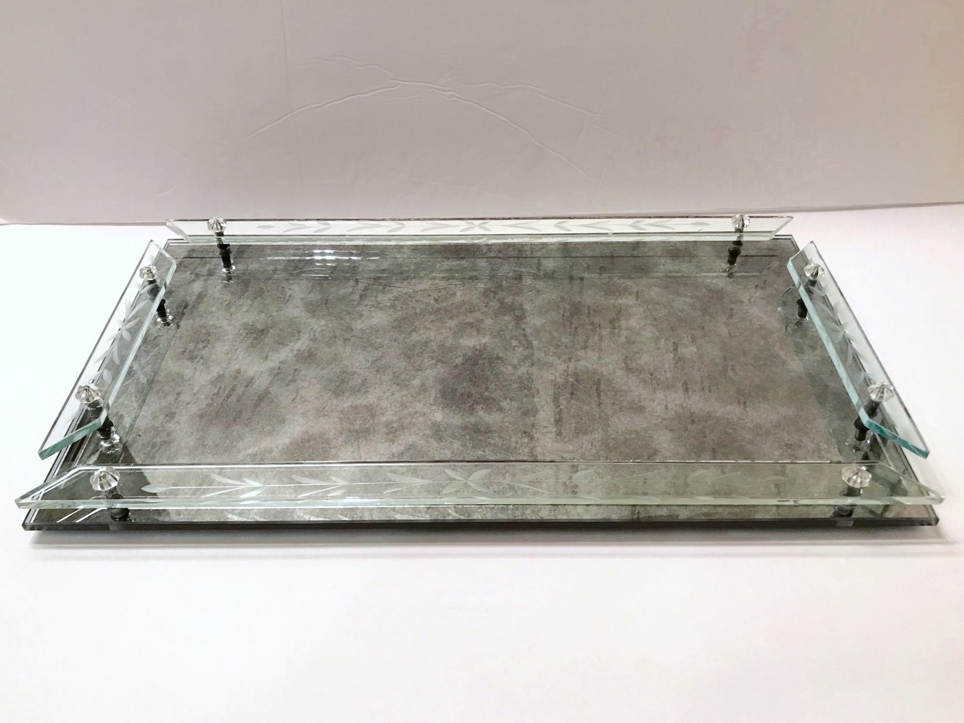 Hollywood Regency 1940s Venetian Art Deco Mirrored Vanity Tray in Antique Smoked Grey Glass