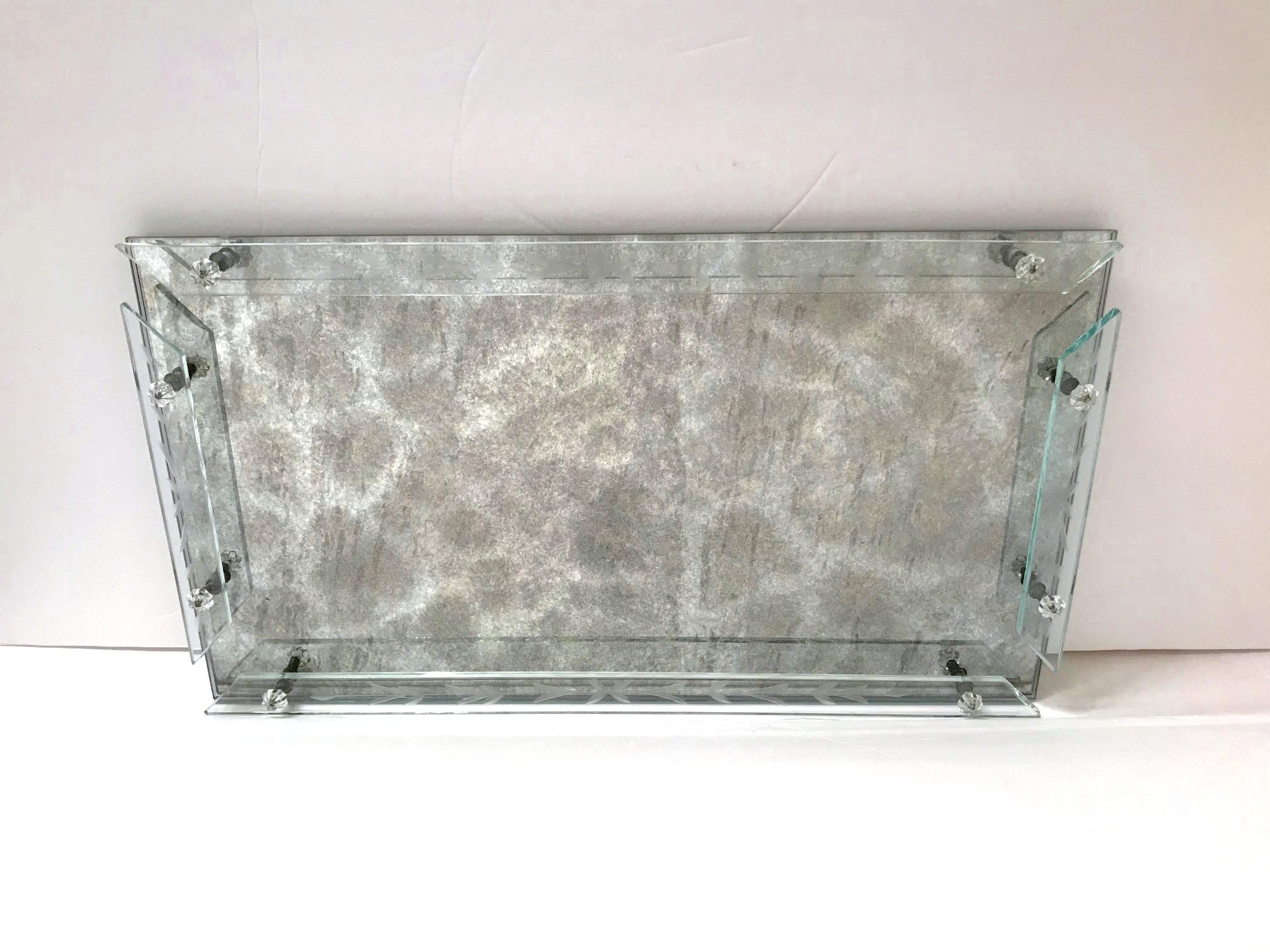 Etched 1940s Venetian Art Deco Mirrored Vanity Tray in Antique Smoked Grey Glass