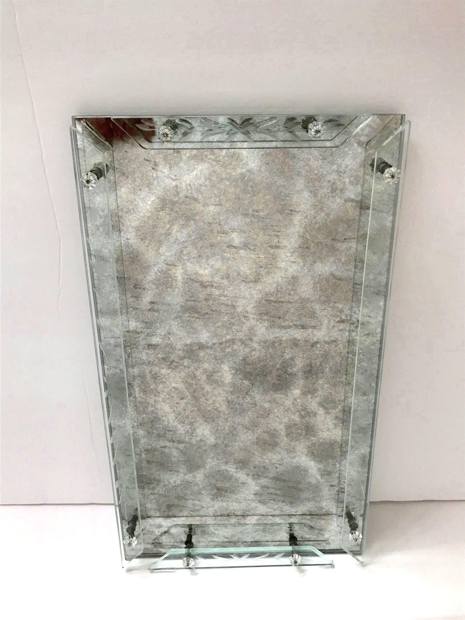 1940s Venetian Art Deco Mirrored Vanity Tray in Antique Smoked Grey Glass In Good Condition In Fort Lauderdale, FL