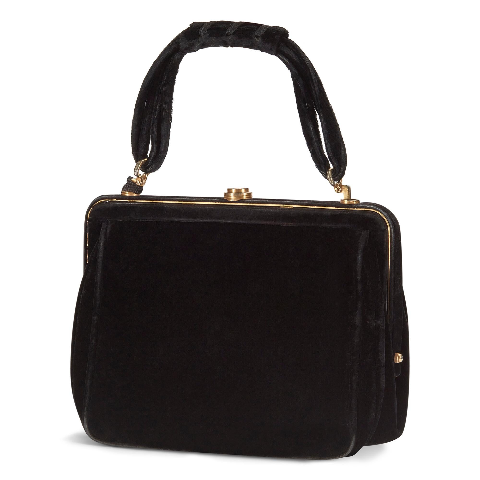 A very fine black Soprarizzo velvet and brass hardware bag circa late 1940s to early 1950s.  With exquisite craftsmanship and materials, it was almost certainly made in Venice and is possibly a very early example by Roberto di Camerino or Cesare