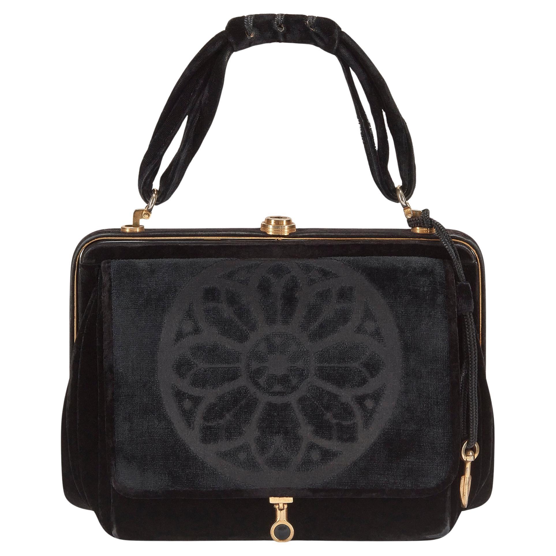 1940s Venetian Black Velvet and Leather Bag For Sale