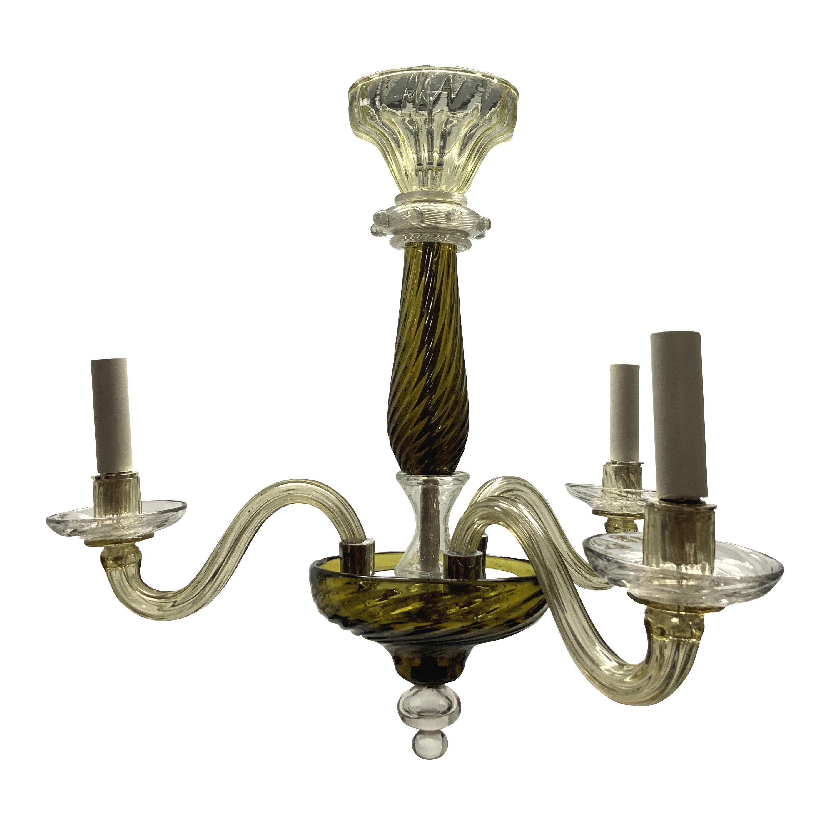 A charming little Venetian chandelier in hand blown clear and sage green twisted glass. Of three arms, suitable for a bedroom or cloakroom.