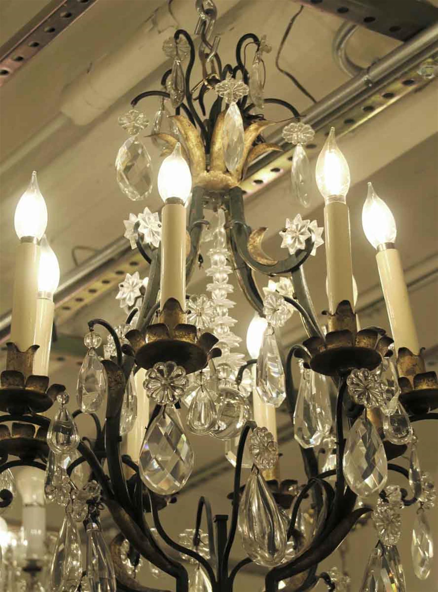 1940s Venetian Iron 6 Light Chandelier Heavy Cut Crystals Gilded Leaves In Good Condition For Sale In New York, NY