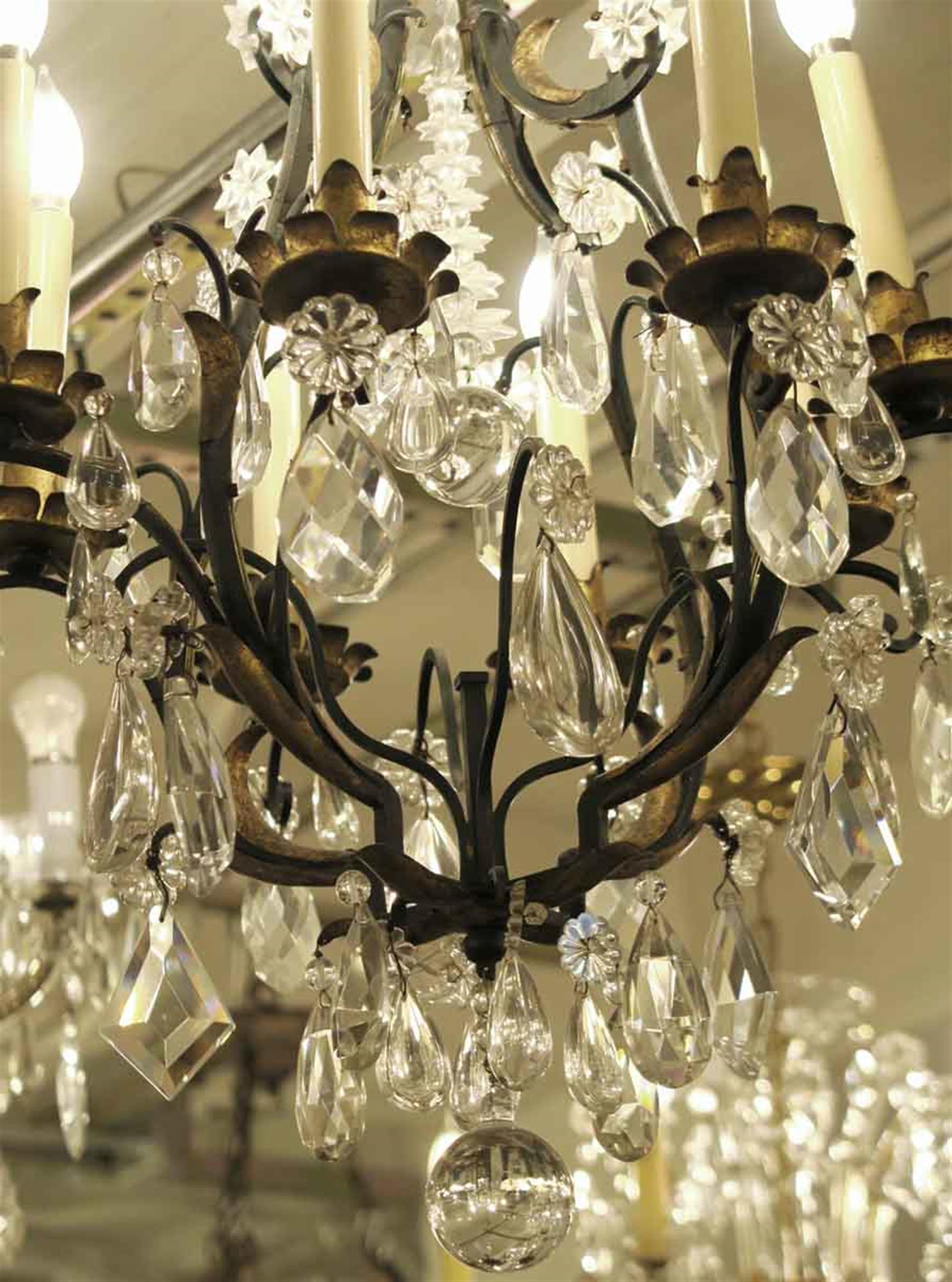 Mid-20th Century 1940s Venetian Iron 6 Light Chandelier Heavy Cut Crystals Gilded Leaves For Sale