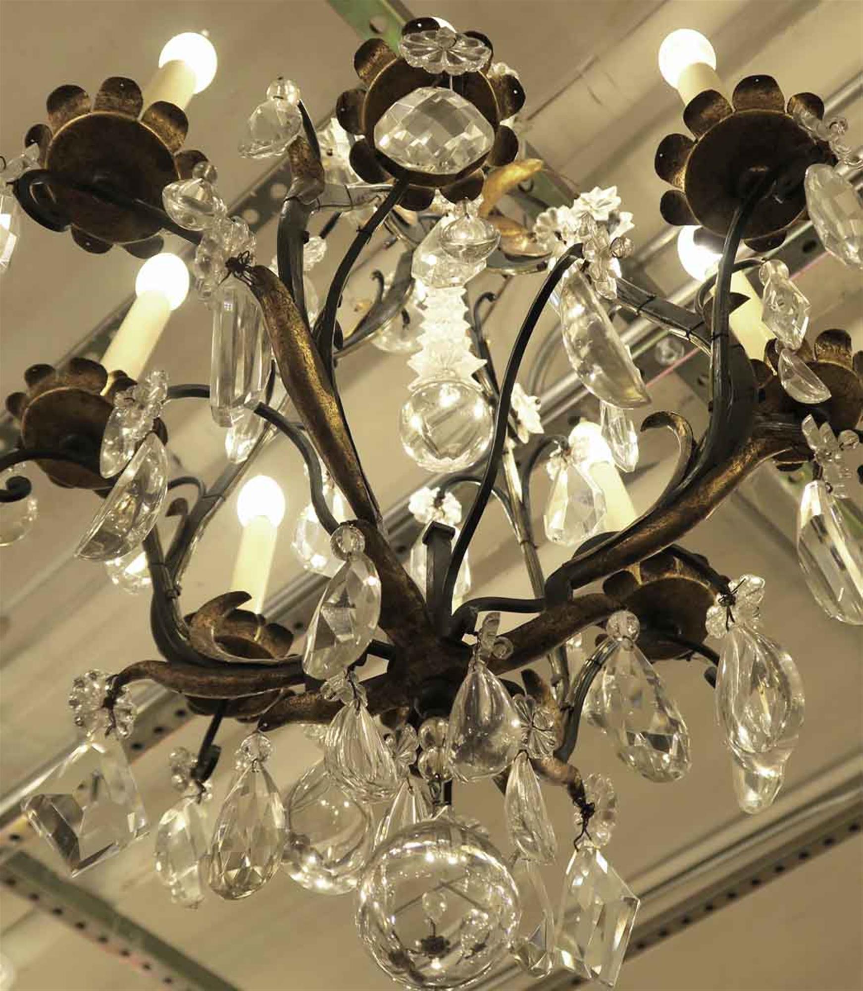 1940s Venetian Iron 6 Light Chandelier Heavy Cut Crystals Gilded Leaves For Sale 1