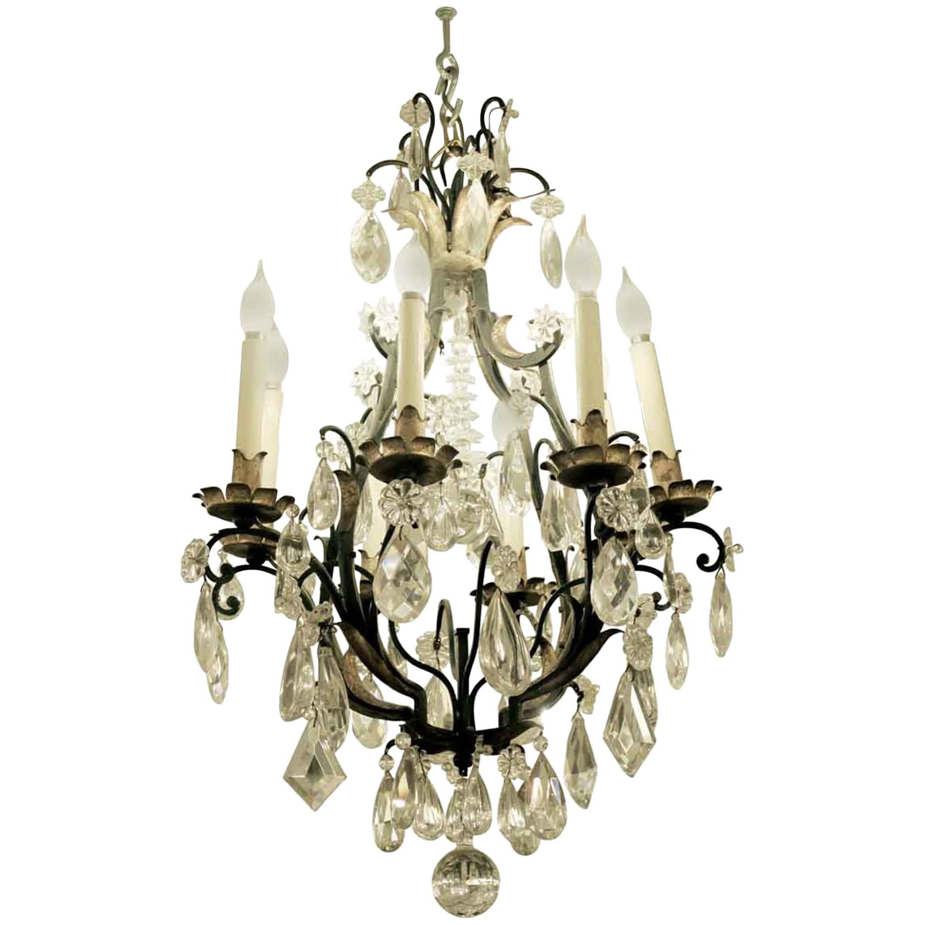 1940s Venetian Iron 6 Light Chandelier Heavy Cut Crystals Gilded Leaves For Sale