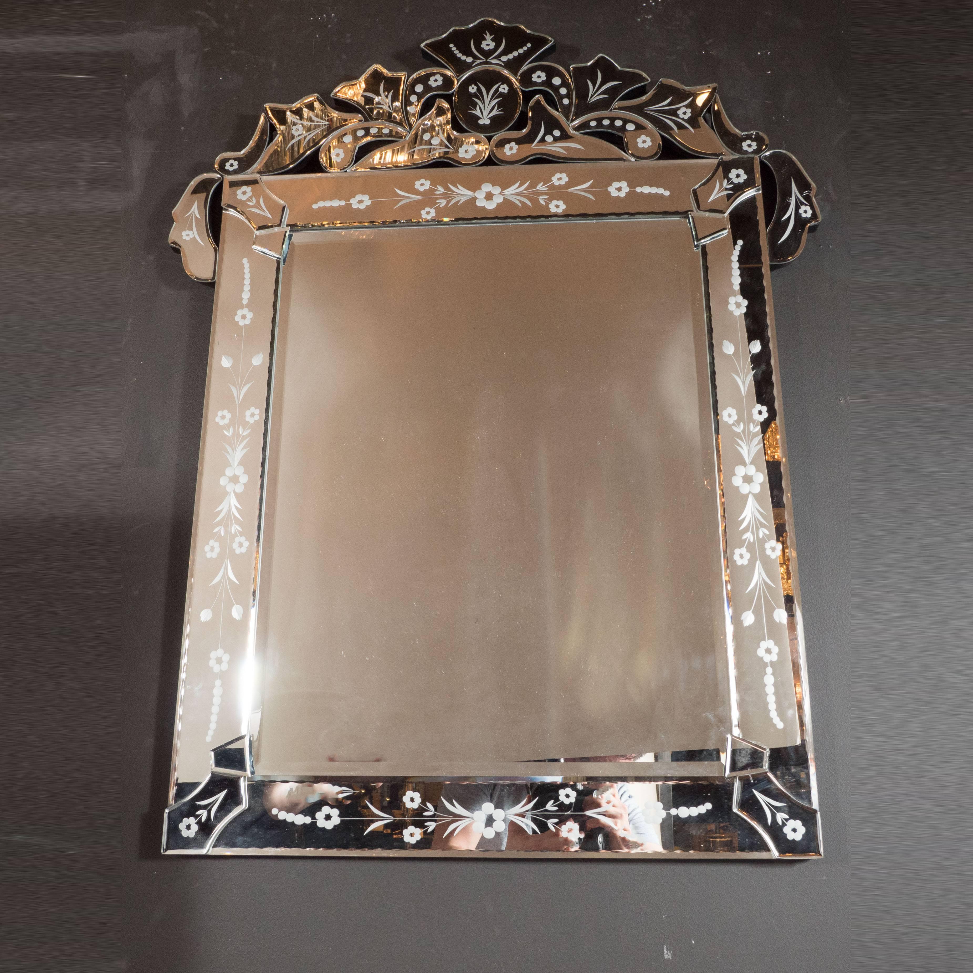 Italian 1940s Venetian Mirror with Bevel and Chain Detailing and Floral Motifs