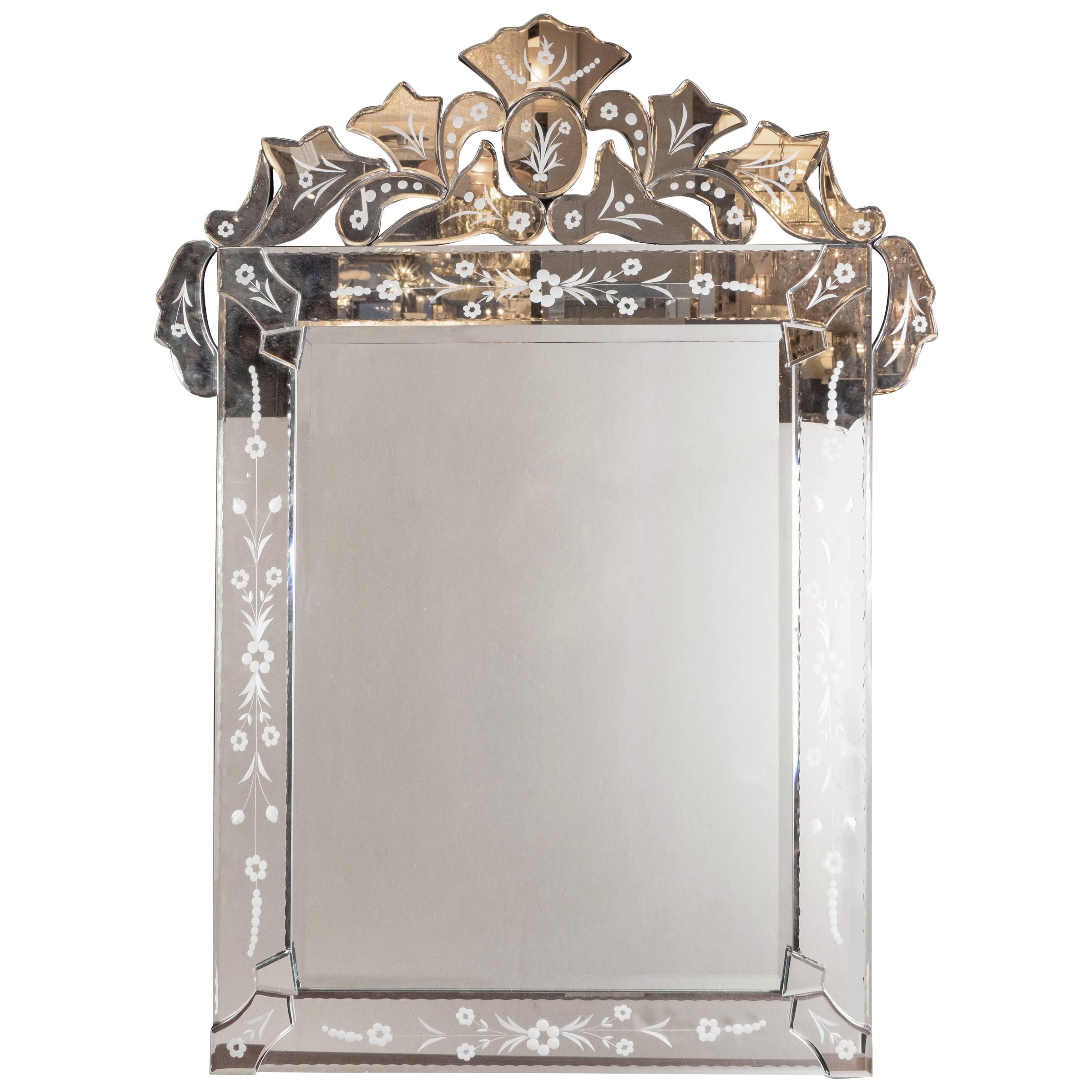 1940s Venetian Mirror with Bevel and Chain Detailing and Floral Motifs